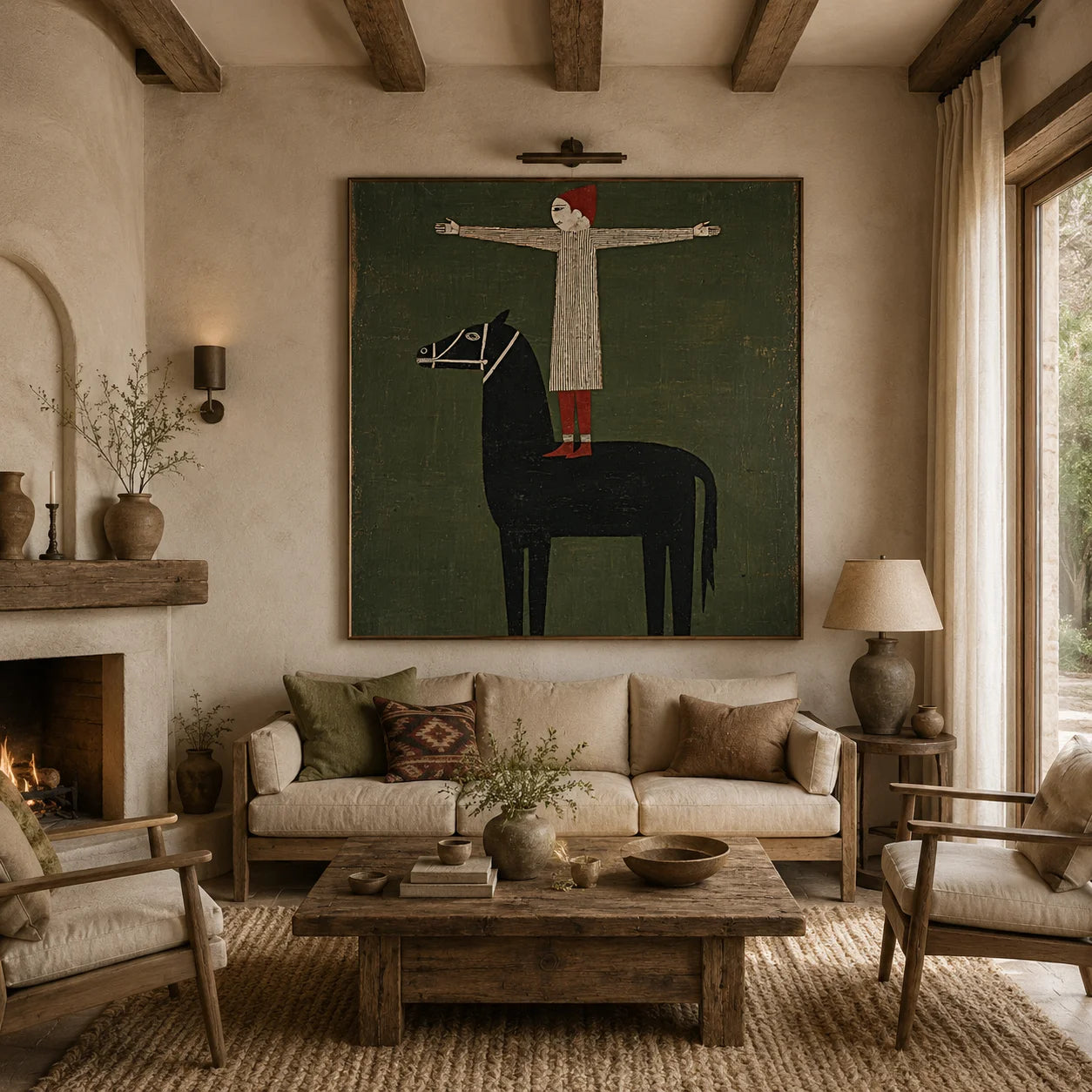 100% Hand-Painted Modern Figure & Black Horse Oil Painting | Nordic Folk Abstract Wall Art | Original Surreal Human & Animal Canvas by Ownanart # OA 1164