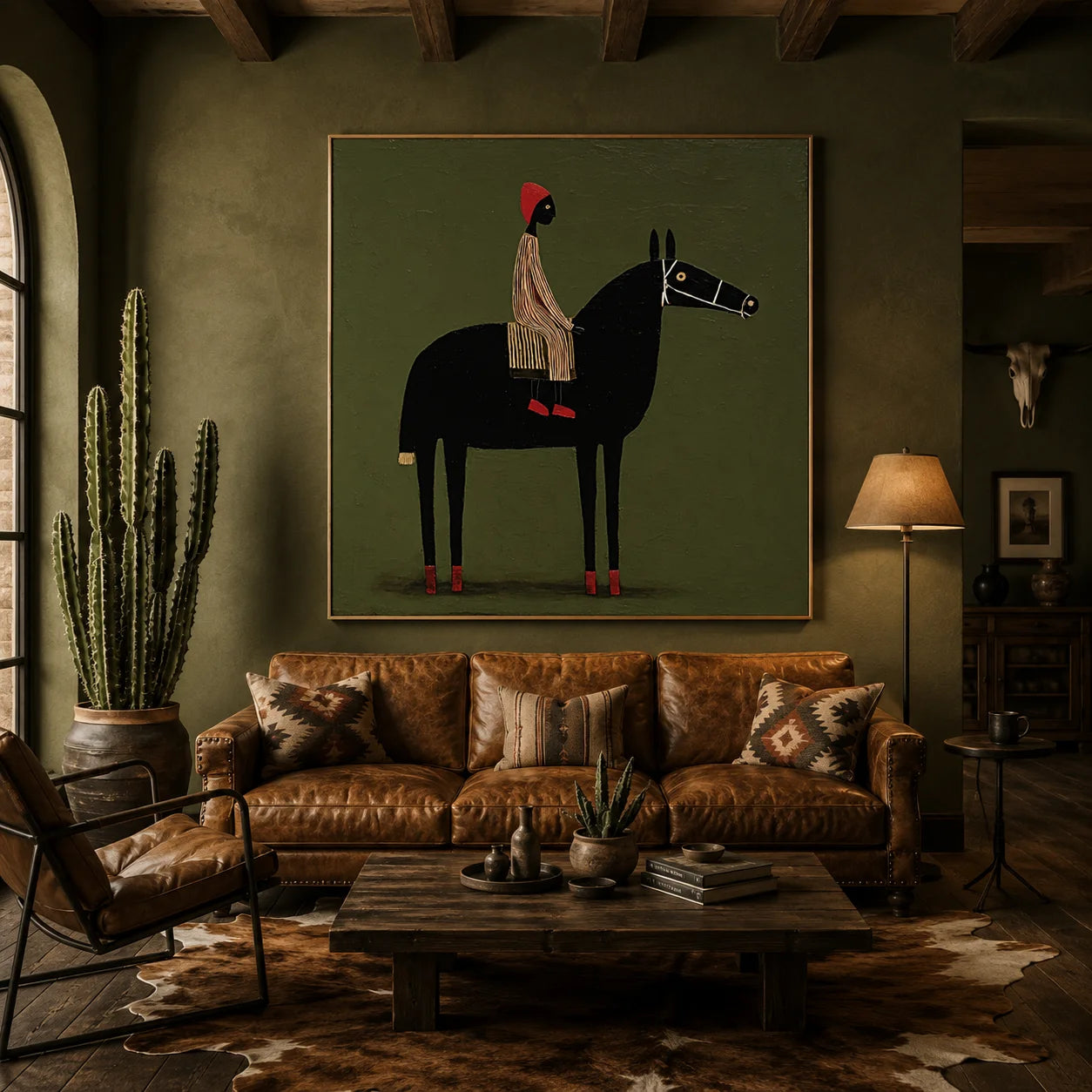 100% Hand-Painted Modern Figure & Black Horse Oil Painting | Nordic Folk Minimalist Abstract Wall Art | Original Rider & Horse Canvas by Ownanart # OA 1166