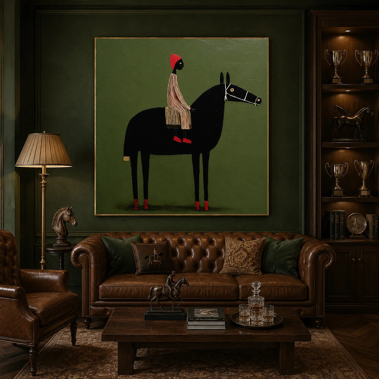 100% Hand-Painted Modern Figure & Black Horse Oil Painting | Nordic Folk Minimalist Abstract Wall Art | Original Rider & Horse Canvas by Ownanart # OA 1166