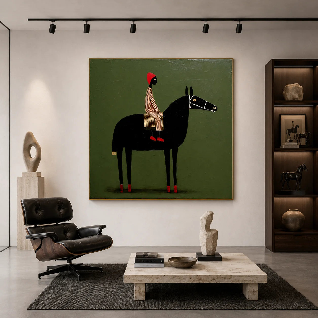 100% Hand-Painted Modern Figure & Black Horse Oil Painting | Nordic Folk Minimalist Abstract Wall Art | Original Rider & Horse Canvas by Ownanart # OA 1166