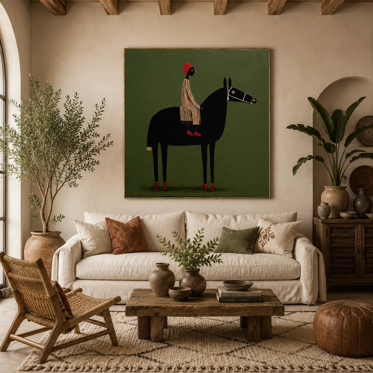100% Hand-Painted Modern Figure & Black Horse Oil Painting | Nordic Folk Minimalist Abstract Wall Art | Original Rider & Horse Canvas by Ownanart # OA 1166