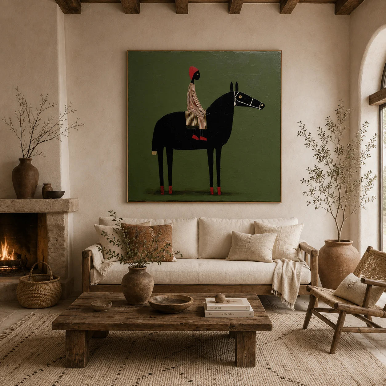 100% Hand-Painted Modern Figure & Black Horse Oil Painting | Nordic Folk Minimalist Abstract Wall Art | Original Rider & Horse Canvas by Ownanart # OA 1166