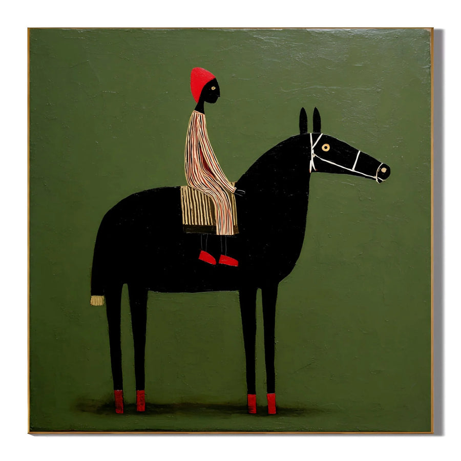 100% Hand-Painted Modern Figure & Black Horse Oil Painting | Nordic Folk Minimalist Abstract Wall Art | Original Rider & Horse Canvas by Ownanart # OA 1166