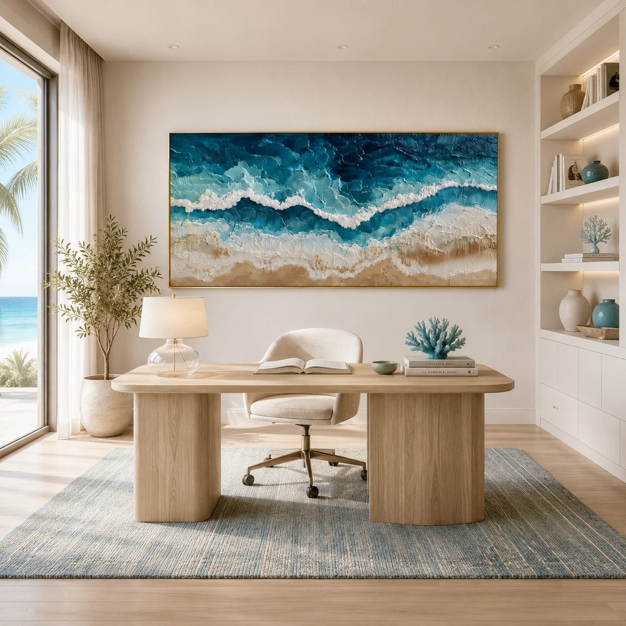 100% Hand-Painted Ocean Wave Oil Painting | Modern Coastal Abstract Seascape Wall Art | Aerial Beach & Turquoise Ocean Textured Canvas | Original Impasto Coastal Artwork for Living Room by Ownanart # OA 1190