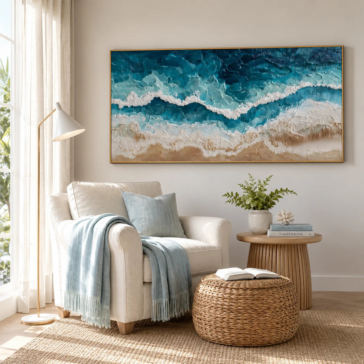 100% Hand-Painted Ocean Wave Oil Painting | Modern Coastal Abstract Seascape Wall Art | Aerial Beach & Turquoise Ocean Textured Canvas | Original Impasto Coastal Artwork for Living Room by Ownanart # OA 1190