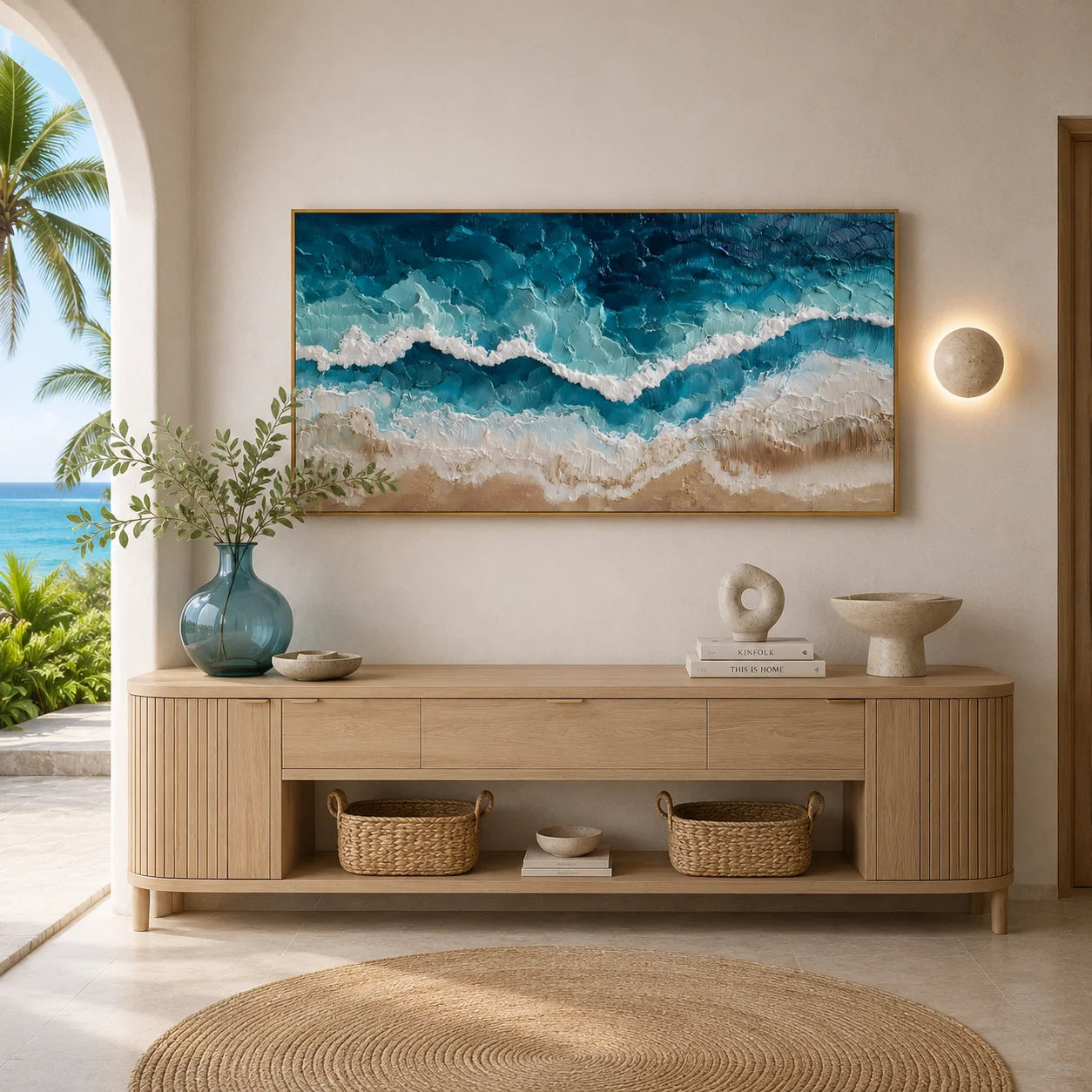 100% Hand-Painted Ocean Wave Oil Painting | Modern Coastal Abstract Seascape Wall Art | Aerial Beach & Turquoise Ocean Textured Canvas | Original Impasto Coastal Artwork for Living Room by Ownanart # OA 1190