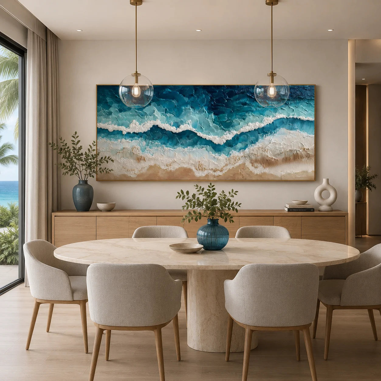 100% Hand-Painted Ocean Wave Oil Painting | Modern Coastal Abstract Seascape Wall Art | Aerial Beach & Turquoise Ocean Textured Canvas | Original Impasto Coastal Artwork for Living Room by Ownanart # OA 1190