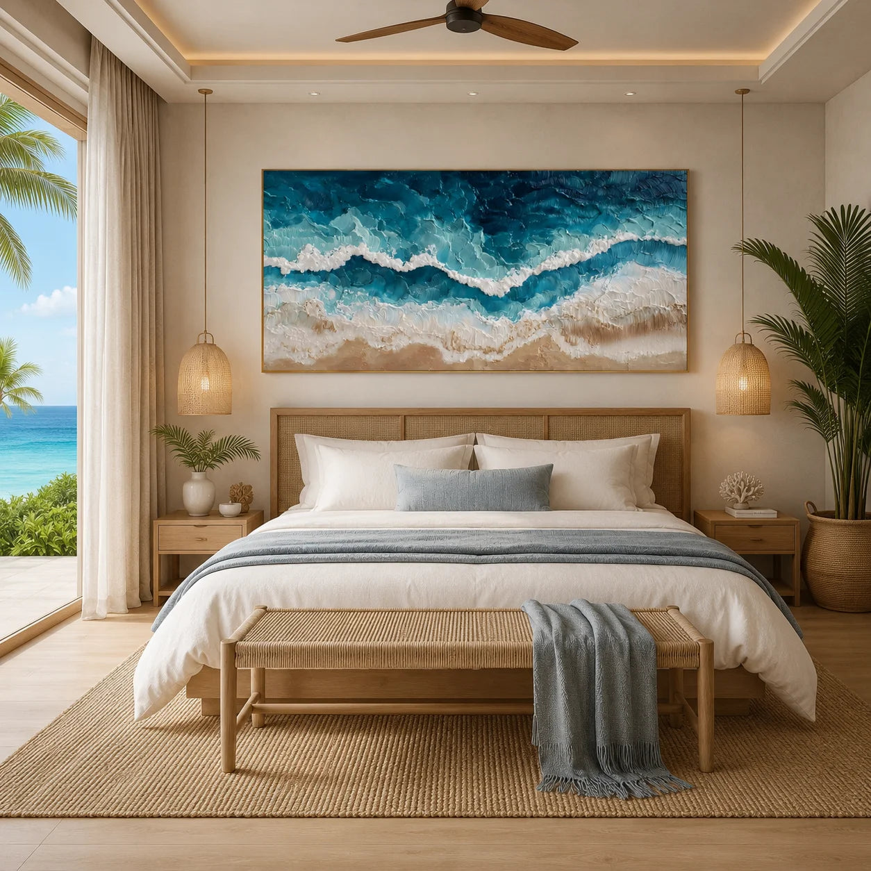 100% Hand-Painted Ocean Wave Oil Painting | Modern Coastal Abstract Seascape Wall Art | Aerial Beach & Turquoise Ocean Textured Canvas | Original Impasto Coastal Artwork for Living Room by Ownanart # OA 1190