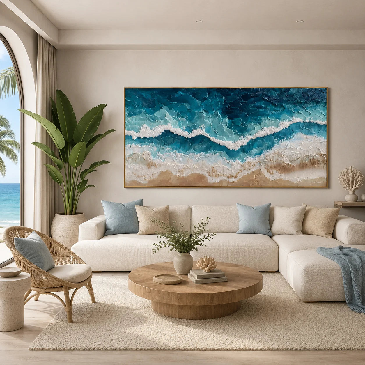 100% Hand-Painted Ocean Wave Oil Painting | Modern Coastal Abstract Seascape Wall Art | Aerial Beach & Turquoise Ocean Textured Canvas | Original Impasto Coastal Artwork for Living Room by Ownanart # OA 1190