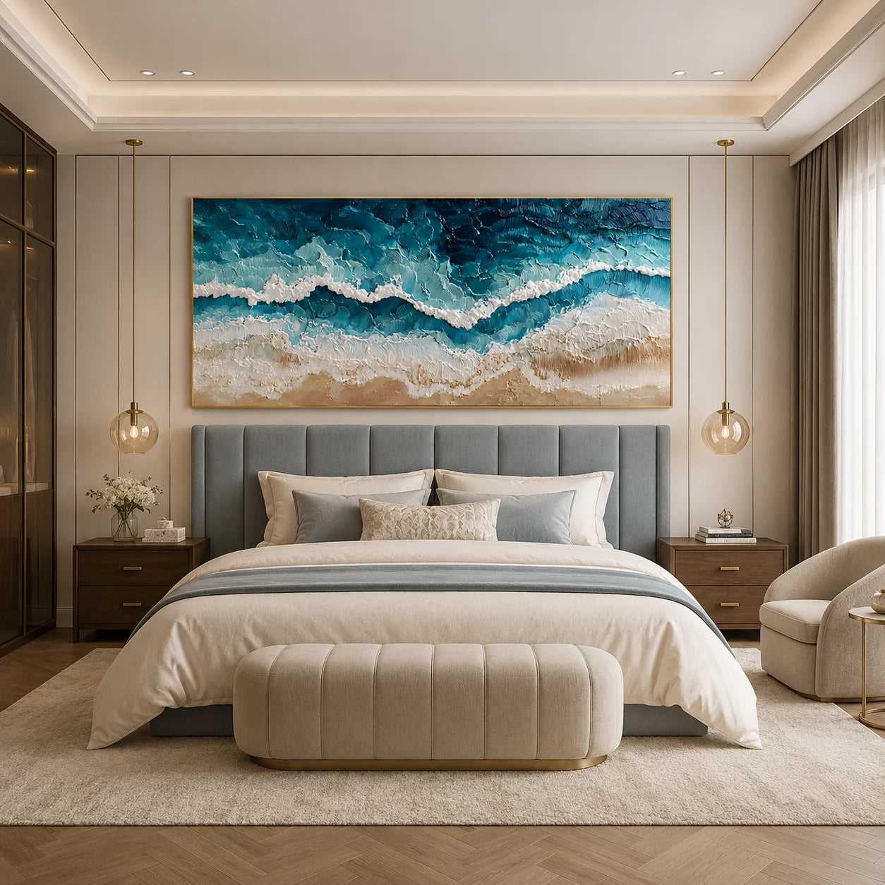 100% Hand-Painted Ocean Wave Oil Painting | Modern Coastal Abstract Seascape Wall Art | Aerial Beach & Turquoise Ocean Textured Canvas | Original Impasto Coastal Artwork for Living Room by Ownanart # OA 1190