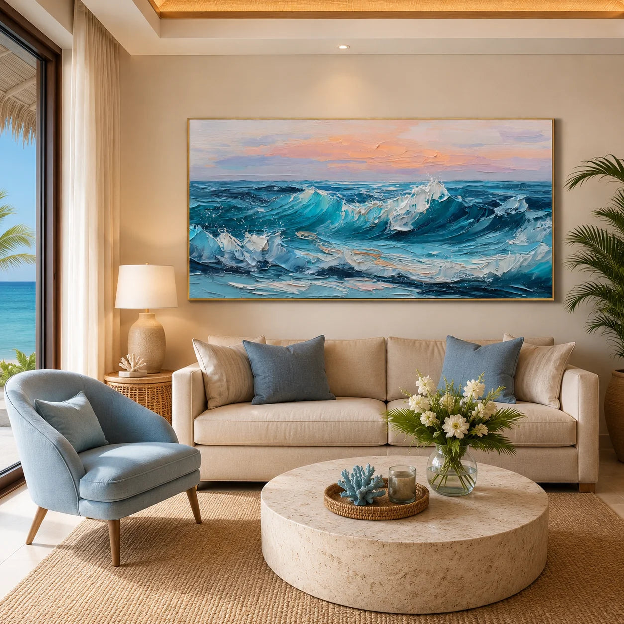 100% Hand-Painted Ocean Wave Oil Painting | Modern Seascape Impasto Wall Art | Original Blue Coastal Wave Canvas | Contemporary Beach Landscape Artwork for Living Room by Ownanart # OA 1195