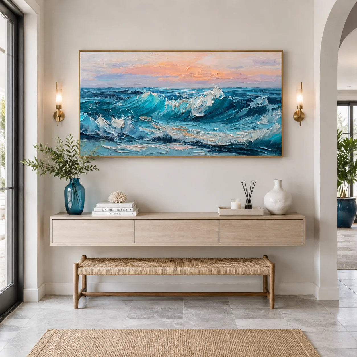 100% Hand-Painted Ocean Wave Oil Painting | Modern Seascape Impasto Wall Art | Original Blue Coastal Wave Canvas | Contemporary Beach Landscape Artwork for Living Room by Ownanart # OA 1195