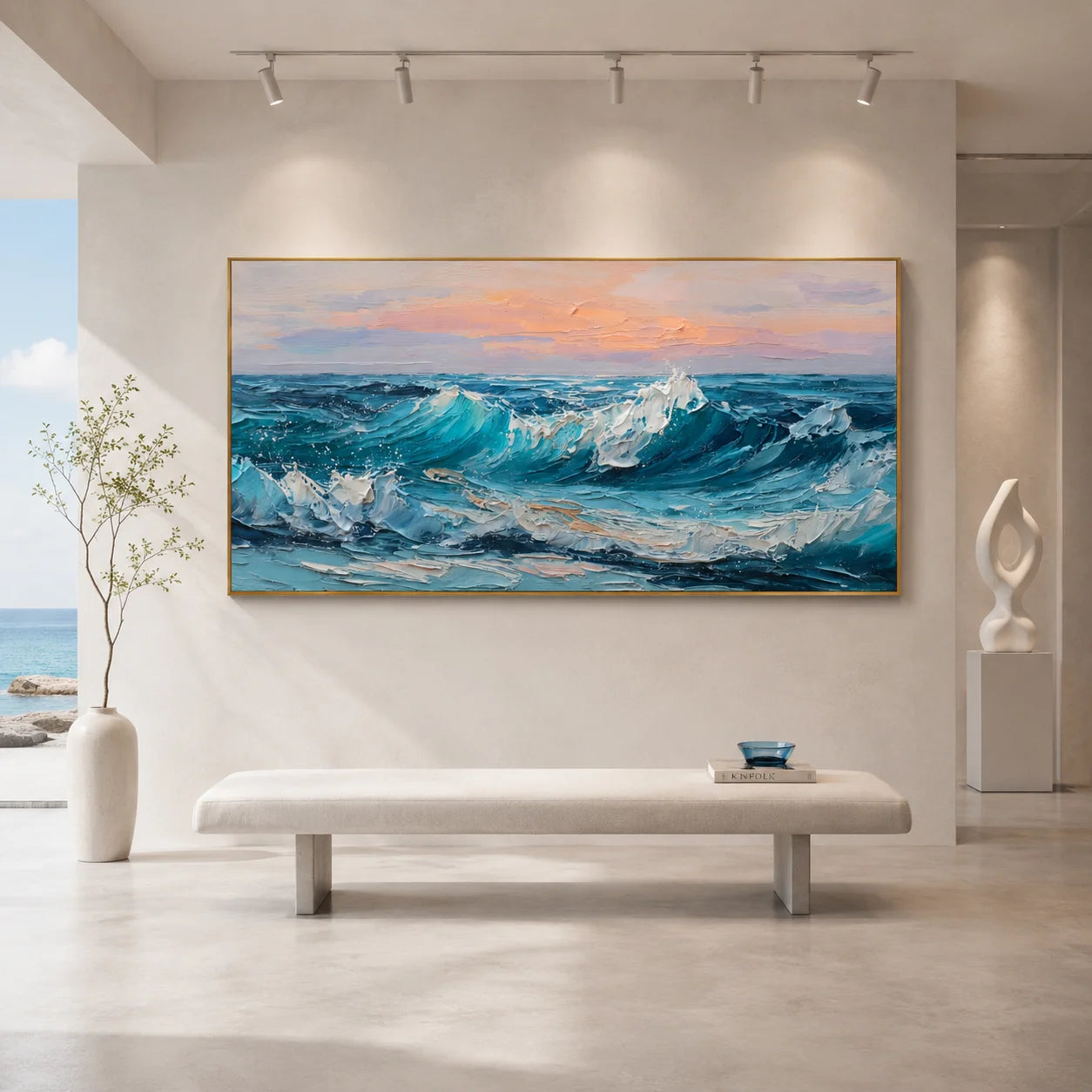 100% Hand-Painted Ocean Wave Oil Painting | Modern Seascape Impasto Wall Art | Original Blue Coastal Wave Canvas | Contemporary Beach Landscape Artwork for Living Room by Ownanart # OA 1195