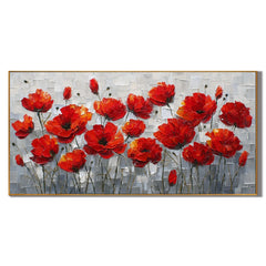 100% Hand-Painted Red Poppy Flower Oil Painting | Modern Abstract Floral Wall Art | Original Red Blossom Textured Canvas | Panoramic Botanical Home Decor by Ownanart # OA 1182