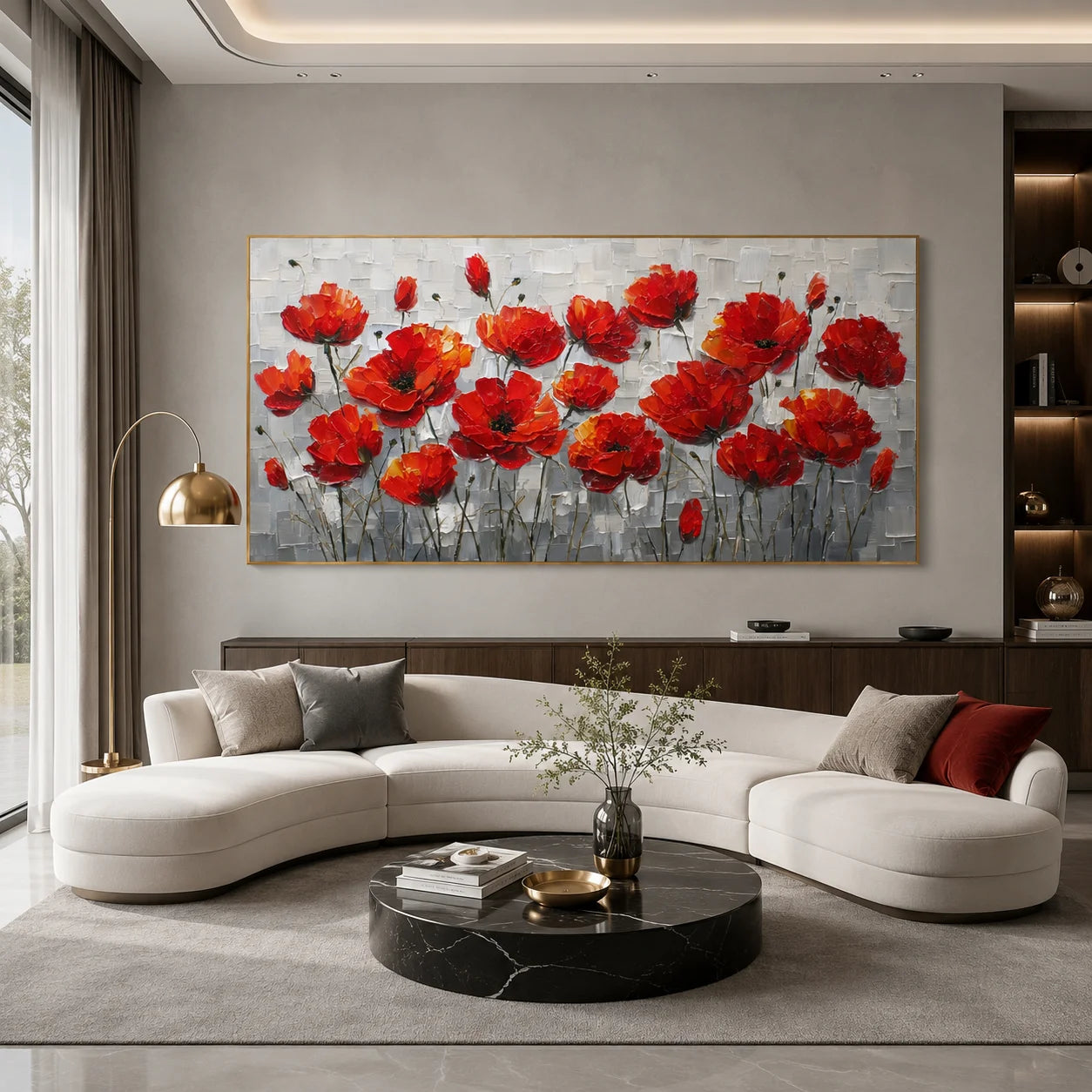 100% Hand-Painted Red Poppy Flower Oil Painting | Modern Abstract Floral Wall Art | Original Red Blossom Textured Canvas | Panoramic Botanical Home Decor by Ownanart # OA 1182