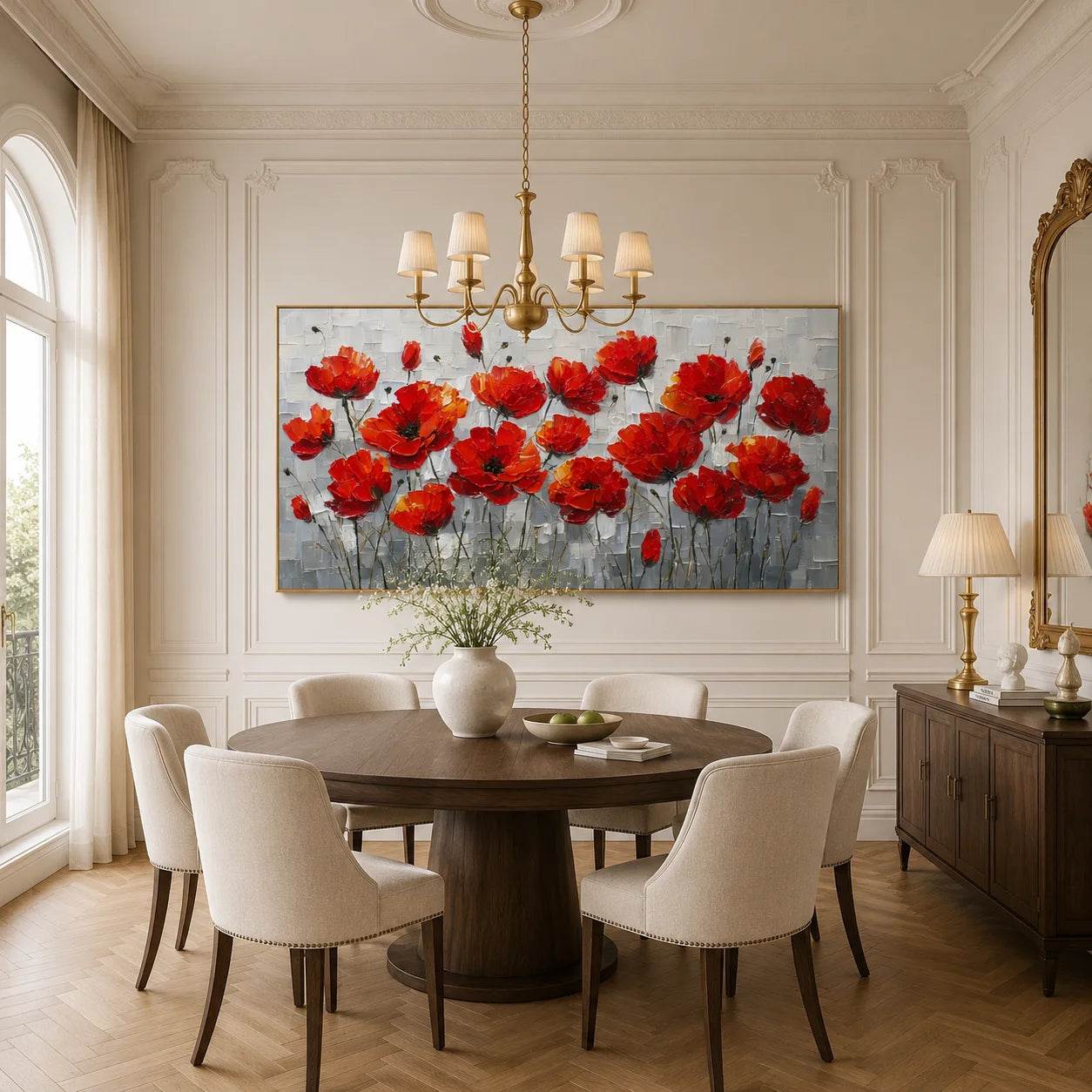 100% Hand-Painted Red Poppy Flower Oil Painting | Modern Abstract Floral Wall Art | Original Red Blossom Textured Canvas | Panoramic Botanical Home Decor by Ownanart # OA 1182
