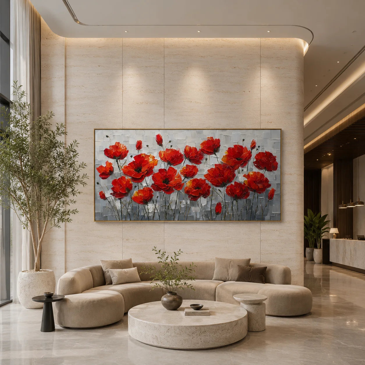 100% Hand-Painted Red Poppy Flower Oil Painting | Modern Abstract Floral Wall Art | Original Red Blossom Textured Canvas | Panoramic Botanical Home Decor by Ownanart # OA 1182