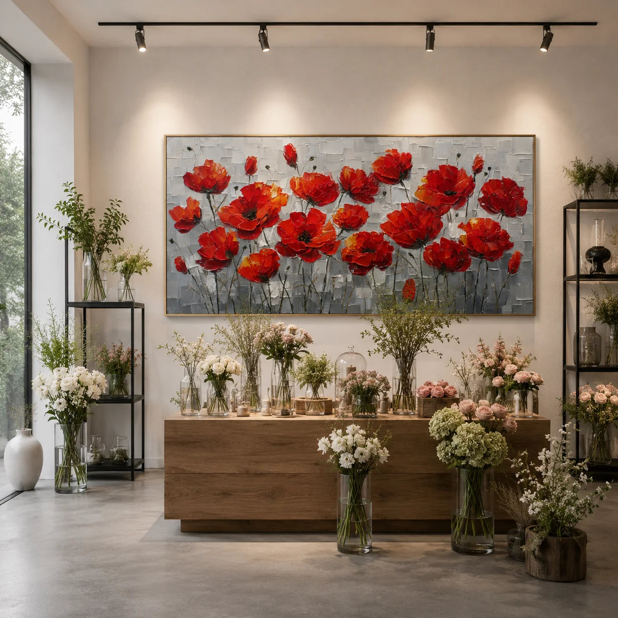 100% Hand-Painted Red Poppy Flower Oil Painting | Modern Abstract Floral Wall Art | Original Red Blossom Textured Canvas | Panoramic Botanical Home Decor by Ownanart # OA 1182