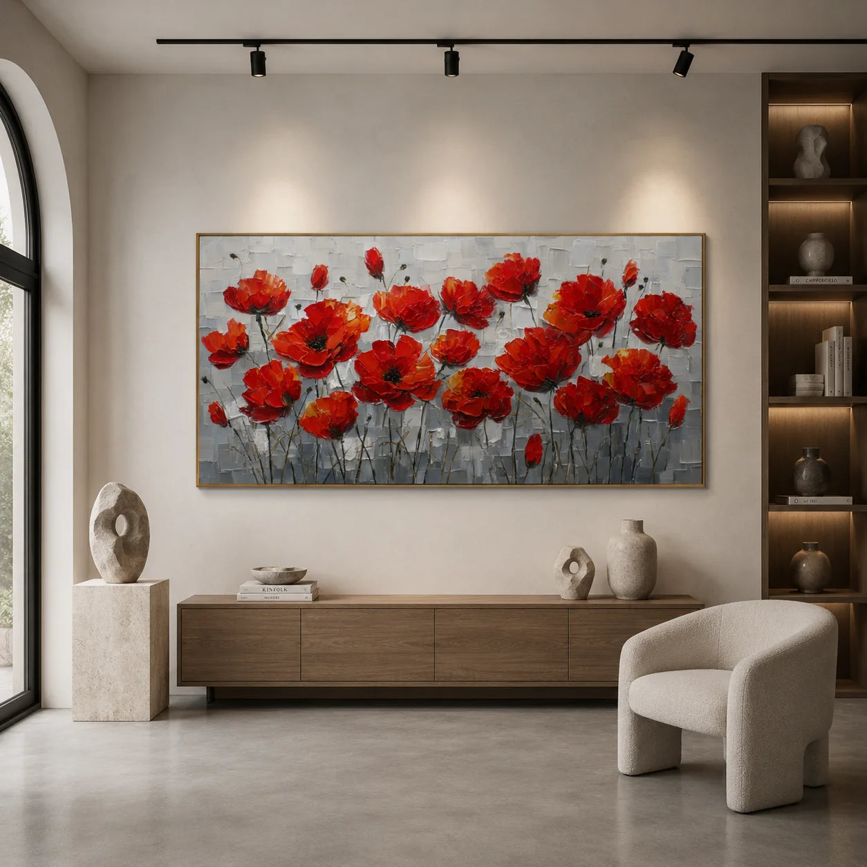 100% Hand-Painted Red Poppy Flower Oil Painting | Modern Abstract Floral Wall Art | Original Red Blossom Textured Canvas | Panoramic Botanical Home Decor by Ownanart # OA 1182