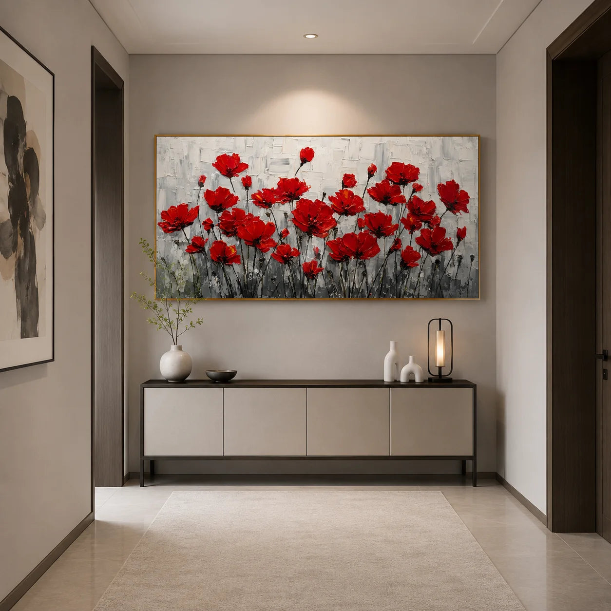 100% Hand-Painted Red Poppy Flower Oil Painting | Modern Floral Impasto Wall Art | Nordic Luxury Botanical Panoramic Canvas | Original Contemporary Flower Artwork for Living Room, Dining Room & Bedroom by Ownanart # OA 1188