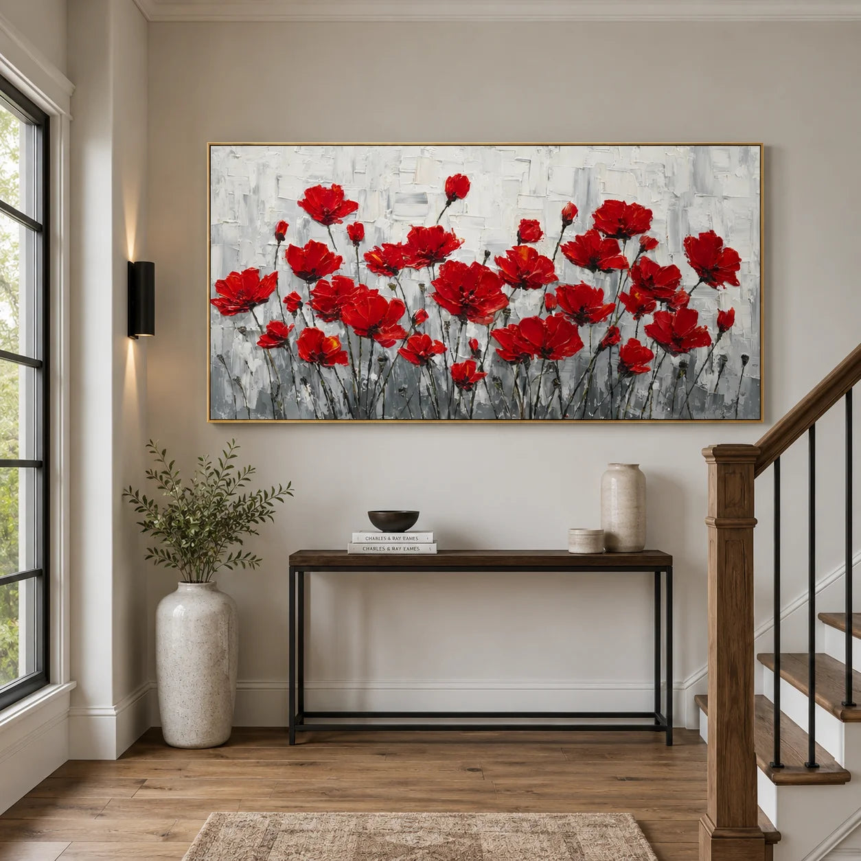 100% Hand-Painted Red Poppy Flower Oil Painting | Modern Floral Impasto Wall Art | Nordic Luxury Botanical Panoramic Canvas | Original Contemporary Flower Artwork for Living Room, Dining Room & Bedroom by Ownanart # OA 1188