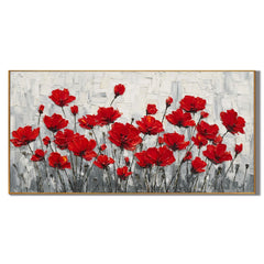 100% Hand-Painted Red Poppy Flower Oil Painting | Modern Floral Impasto Wall Art | Nordic Luxury Botanical Panoramic Canvas | Original Contemporary Flower Artwork for Living Room, Dining Room & Bedroom by Ownanart # OA 1188