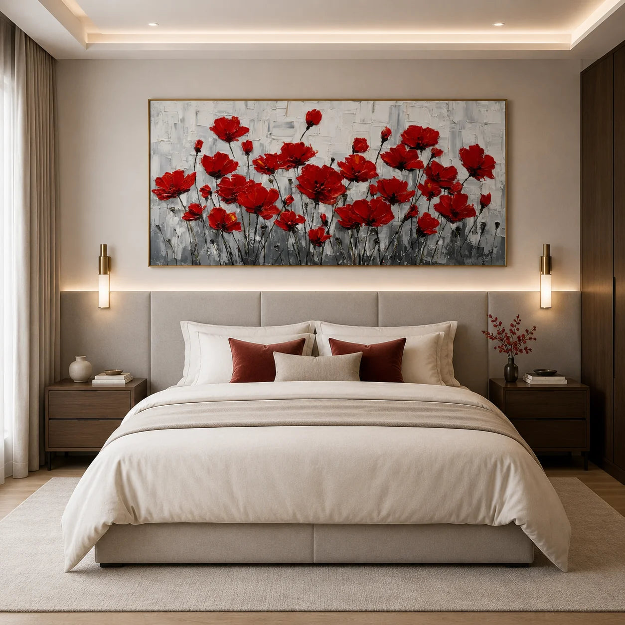 100% Hand-Painted Red Poppy Flower Oil Painting | Modern Floral Impasto Wall Art | Nordic Luxury Botanical Panoramic Canvas | Original Contemporary Flower Artwork for Living Room, Dining Room & Bedroom by Ownanart # OA 1188