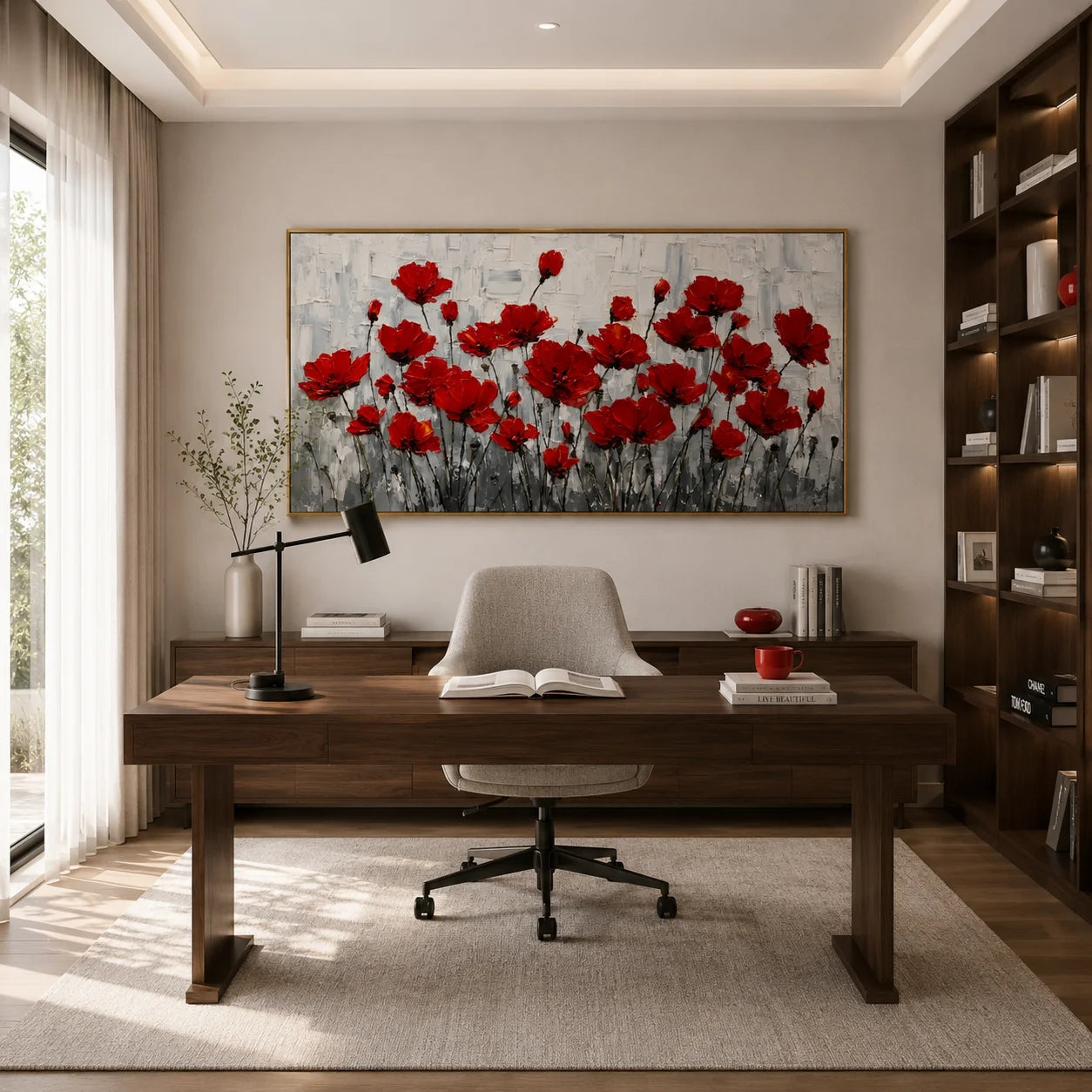 100% Hand-Painted Red Poppy Flower Oil Painting | Modern Floral Impasto Wall Art | Nordic Luxury Botanical Panoramic Canvas | Original Contemporary Flower Artwork for Living Room, Dining Room & Bedroom by Ownanart # OA 1188