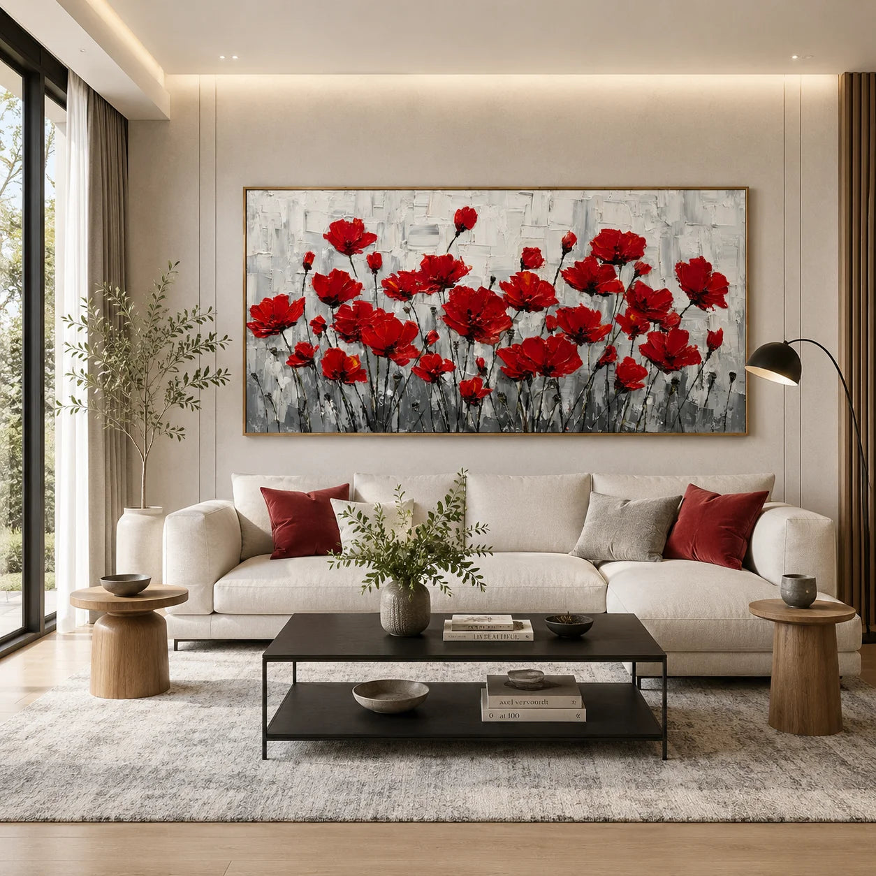 100% Hand-Painted Red Poppy Flower Oil Painting | Modern Floral Impasto Wall Art | Nordic Luxury Botanical Panoramic Canvas | Original Contemporary Flower Artwork for Living Room, Dining Room & Bedroom by Ownanart # OA 1188
