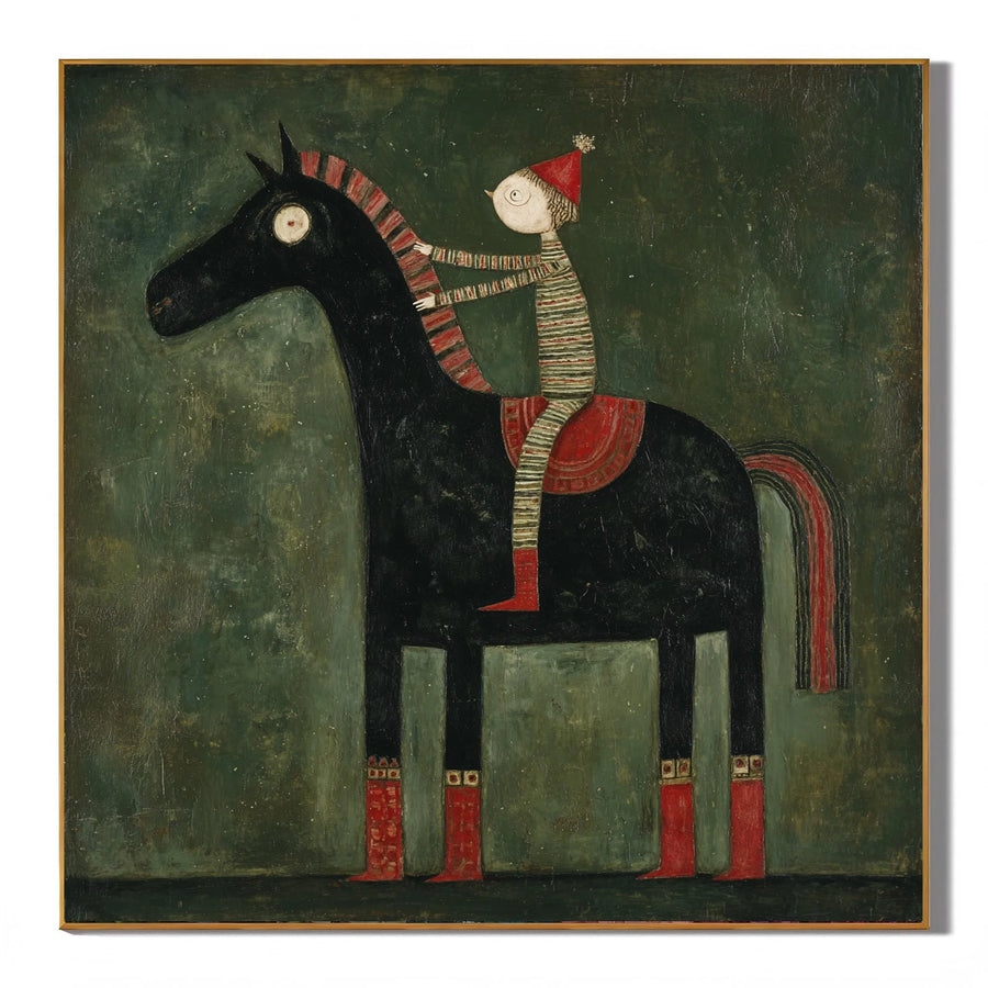 100% Hand-Painted Rider & Black Horse Oil Painting | Modern Nordic Folk Abstract Wall Art | Original Vintage Figure & Horse Canvas by Ownanart # OA 1169