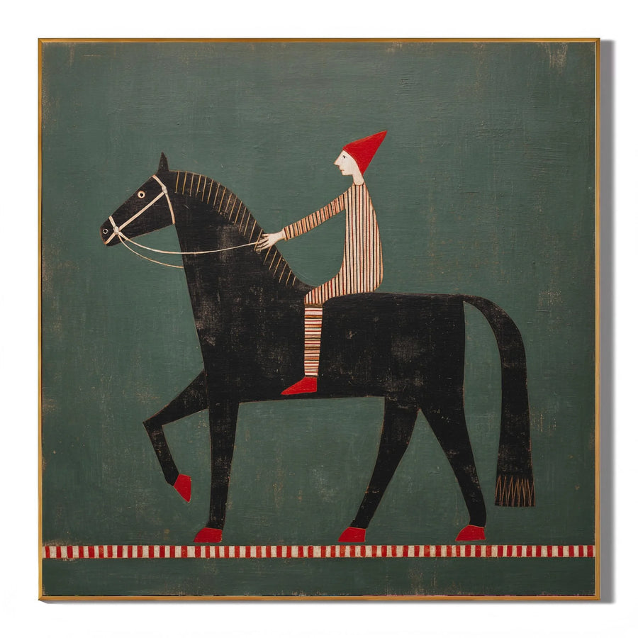 100% Hand-Painted Rider & Black Horse Oil Painting | Modern Nordic Folk Abstract Wall Art | Original Vintage Figure on Horse Canvas by Ownanart # OA 1165