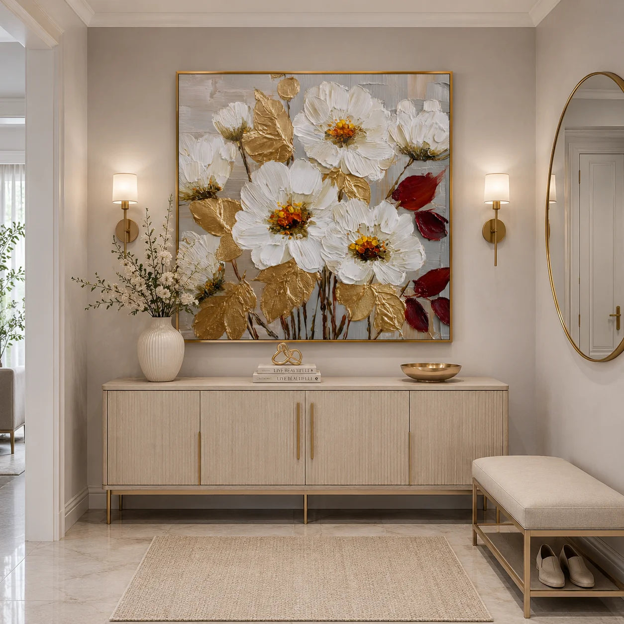 100% Hand-Painted White Floral Oil Painting | Modern Abstract Textured Flower Wall Art | Gold Leaf Impasto Botanical Canvas by Ownanart # OA 1160