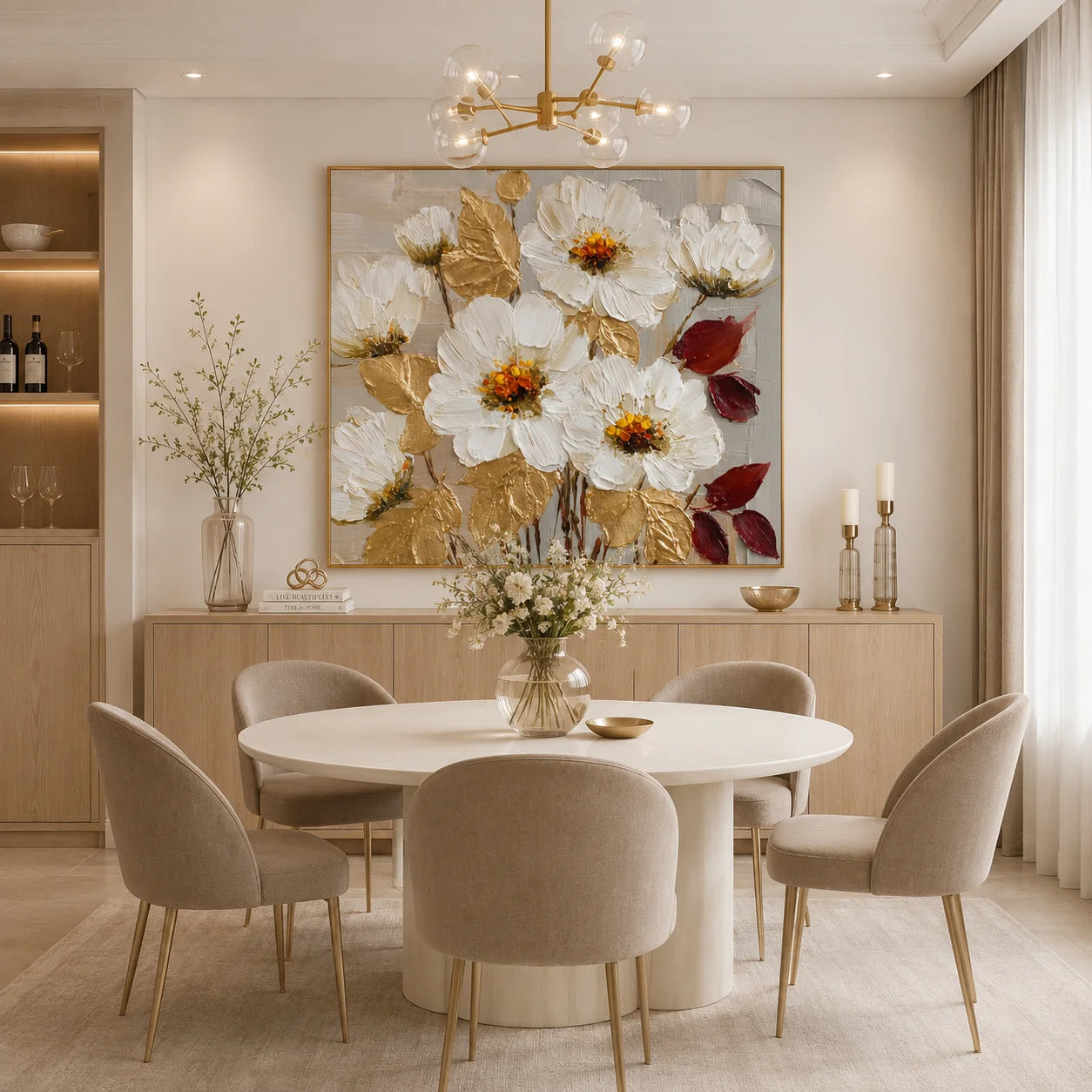 100% Hand-Painted White Floral Oil Painting | Modern Abstract Textured Flower Wall Art | Gold Leaf Impasto Botanical Canvas by Ownanart # OA 1160