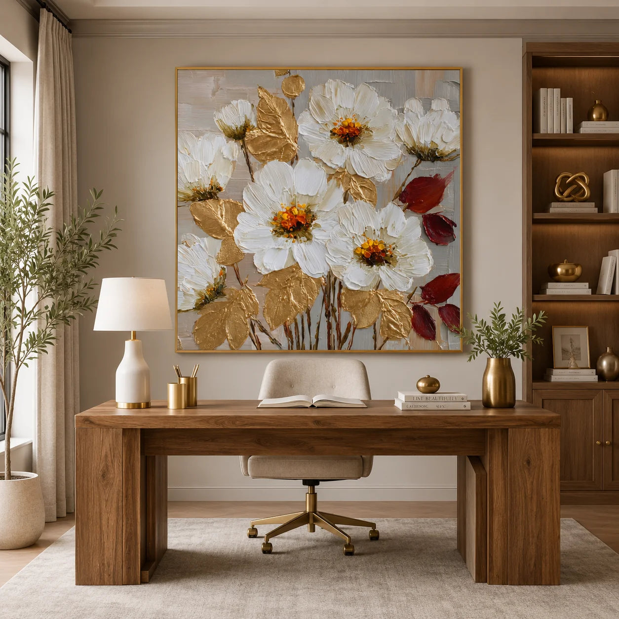 100% Hand-Painted White Floral Oil Painting | Modern Abstract Textured Flower Wall Art | Gold Leaf Impasto Botanical Canvas by Ownanart # OA 1160