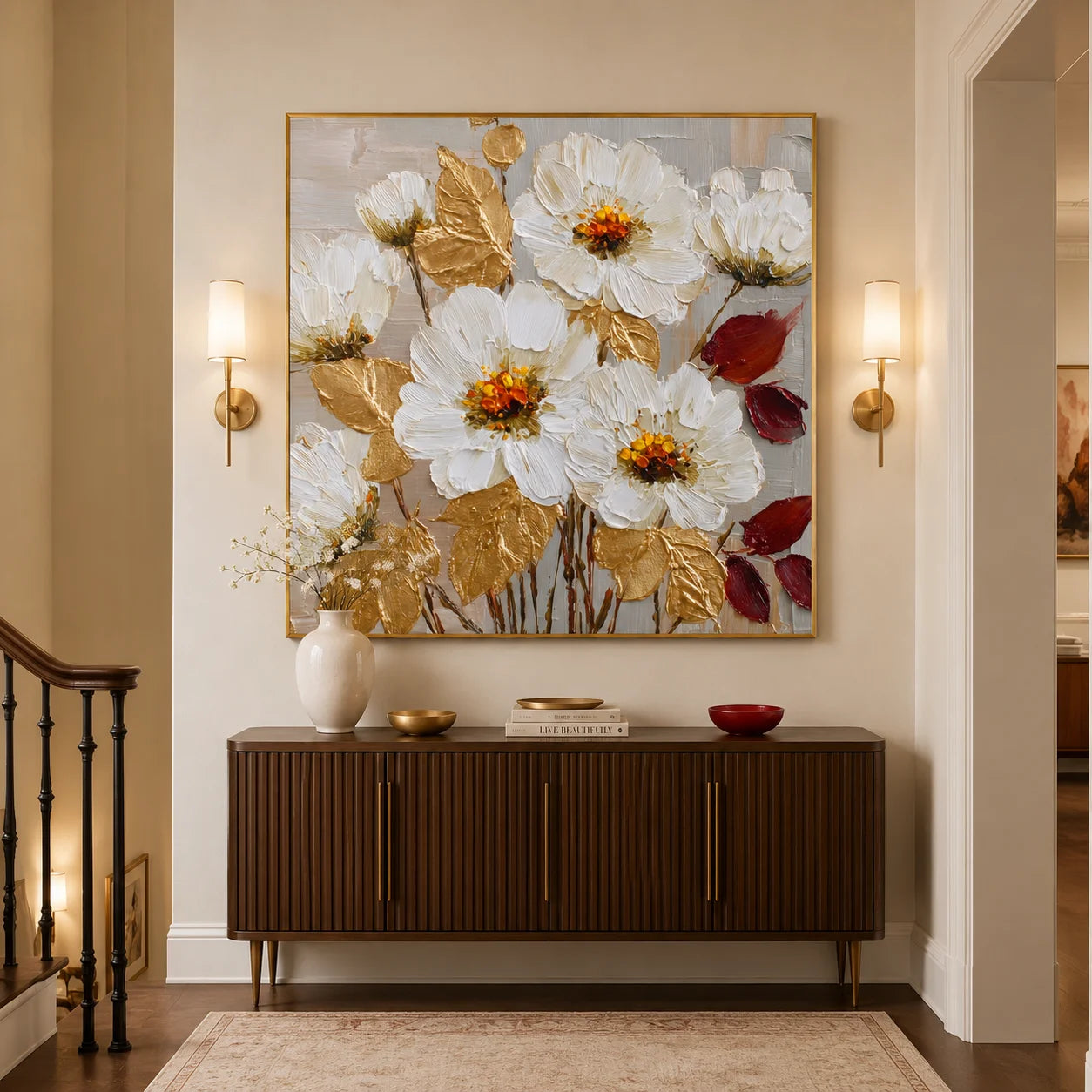 100% Hand-Painted White Floral Oil Painting | Modern Abstract Textured Flower Wall Art | Gold Leaf Impasto Botanical Canvas by Ownanart # OA 1160