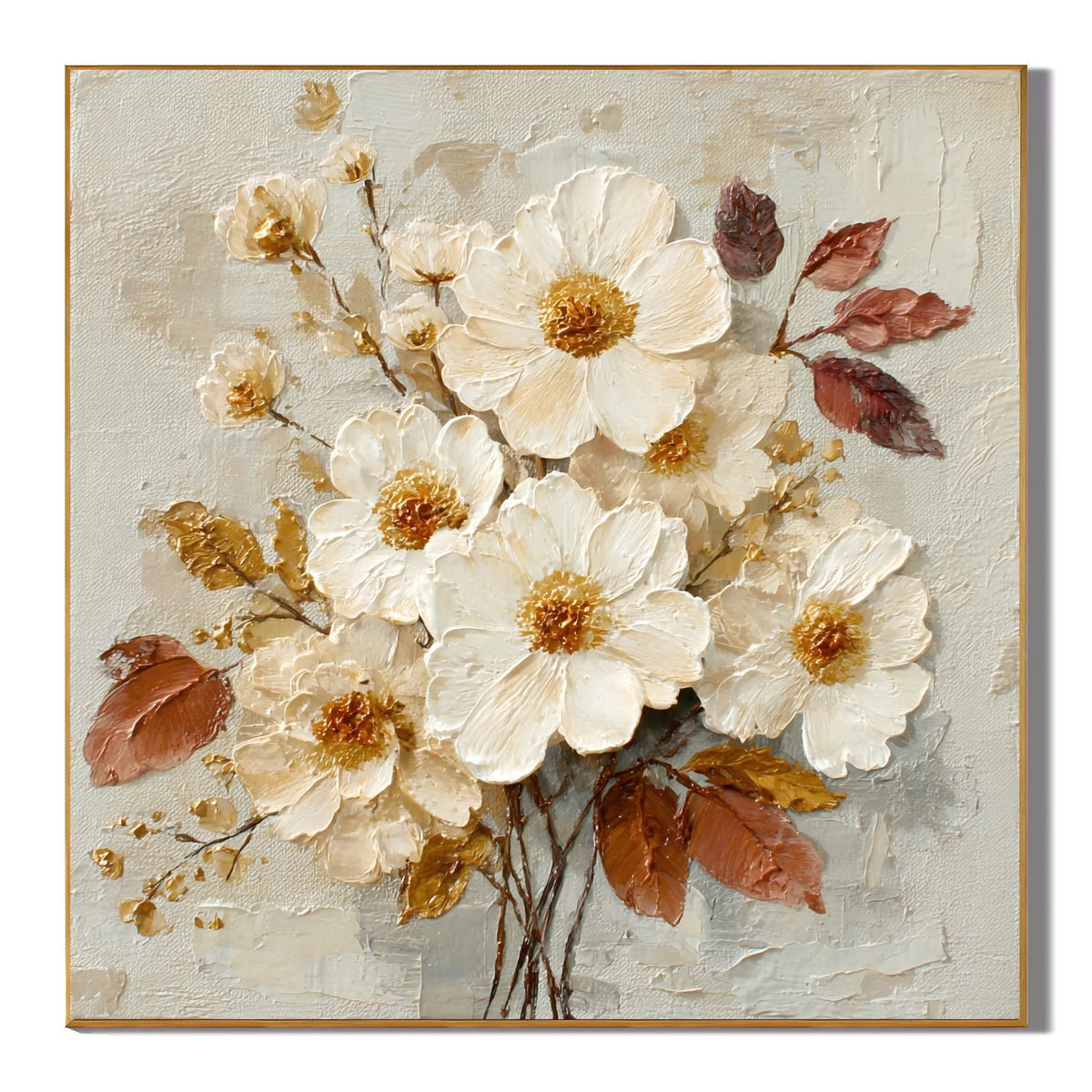 100% Hand-Painted White Floral Oil Painting | Modern Cream Style Flower Wall Art | Original White Blossom & Golden Leaf Textured Canvas by Ownanart # OA 1179