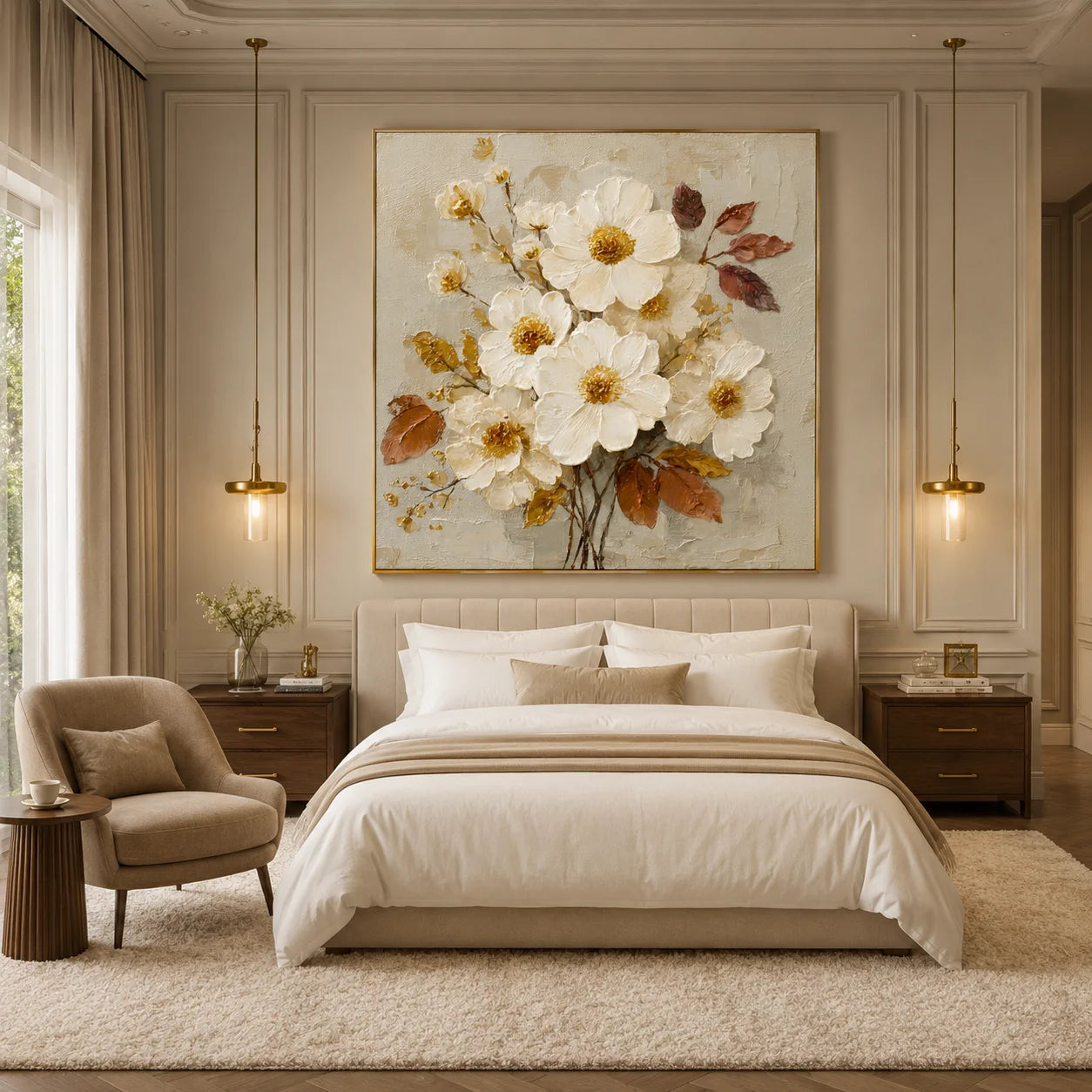 100% Hand-Painted White Floral Oil Painting | Modern Cream Style Flower Wall Art | Original White Blossom & Golden Leaf Textured Canvas by Ownanart # OA 1179
