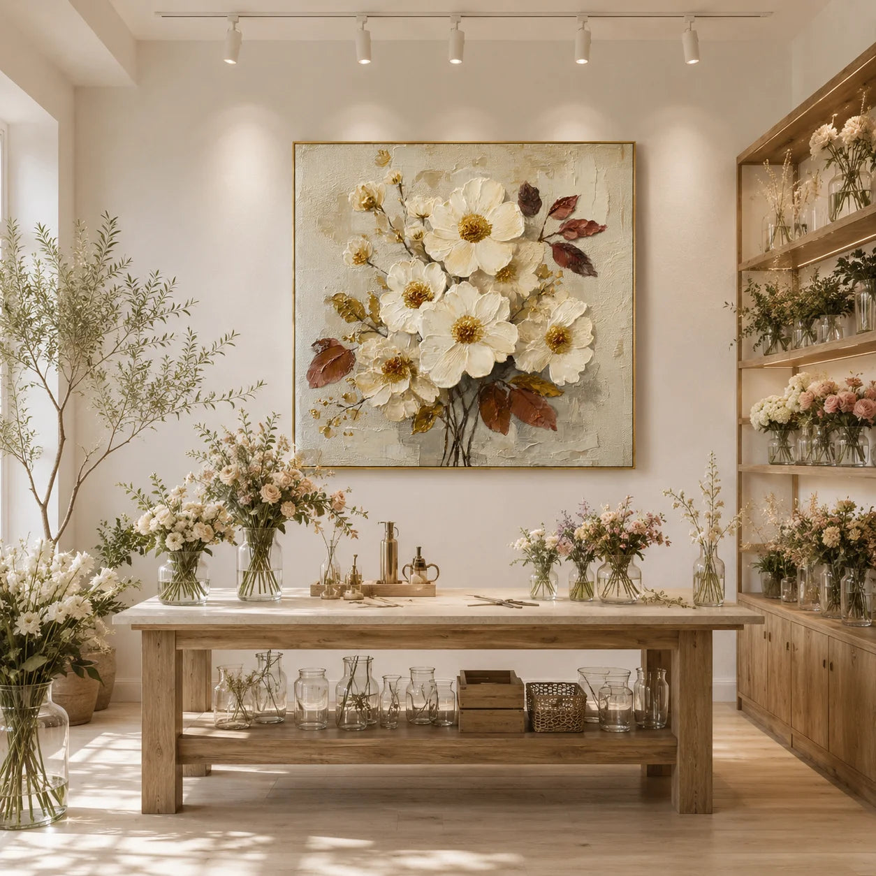 100% Hand-Painted White Floral Oil Painting | Modern Cream Style Flower Wall Art | Original White Blossom & Golden Leaf Textured Canvas by Ownanart # OA 1179