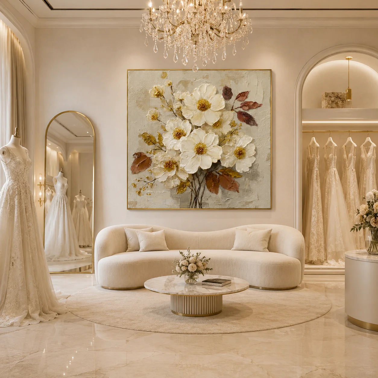 100% Hand-Painted White Floral Oil Painting | Modern Cream Style Flower Wall Art | Original White Blossom & Golden Leaf Textured Canvas by Ownanart # OA 1179