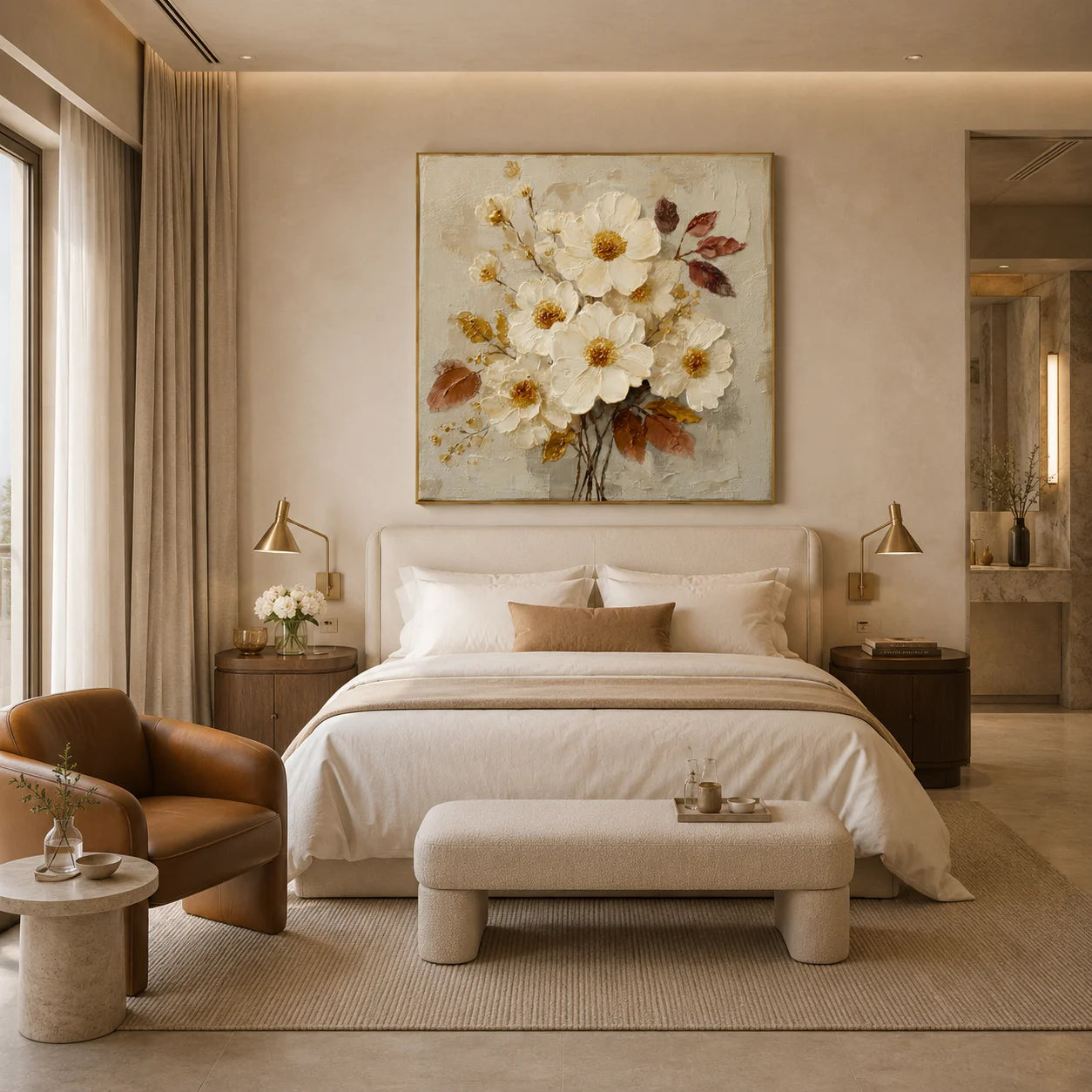 100% Hand-Painted White Floral Oil Painting | Modern Cream Style Flower Wall Art | Original White Blossom & Golden Leaf Textured Canvas by Ownanart # OA 1179