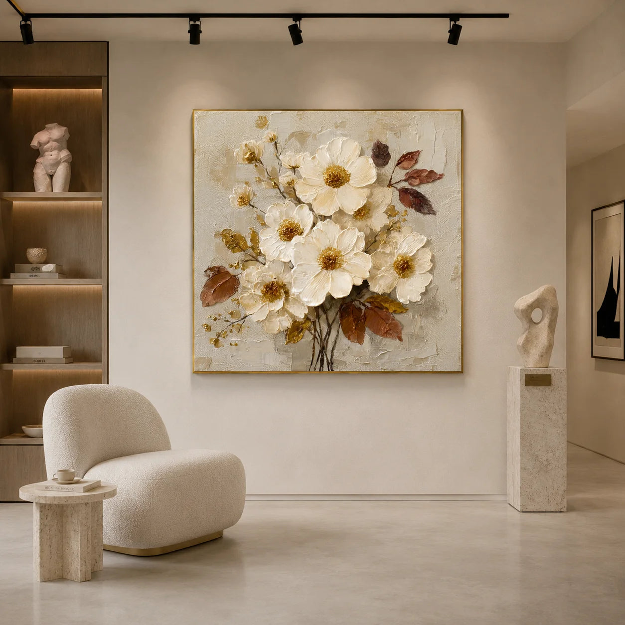 100% Hand-Painted White Floral Oil Painting | Modern Cream Style Flower Wall Art | Original White Blossom & Golden Leaf Textured Canvas by Ownanart # OA 1179