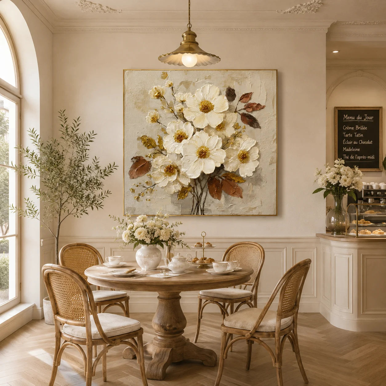 100% Hand-Painted White Floral Oil Painting | Modern Cream Style Flower Wall Art | Original White Blossom & Golden Leaf Textured Canvas by Ownanart # OA 1179