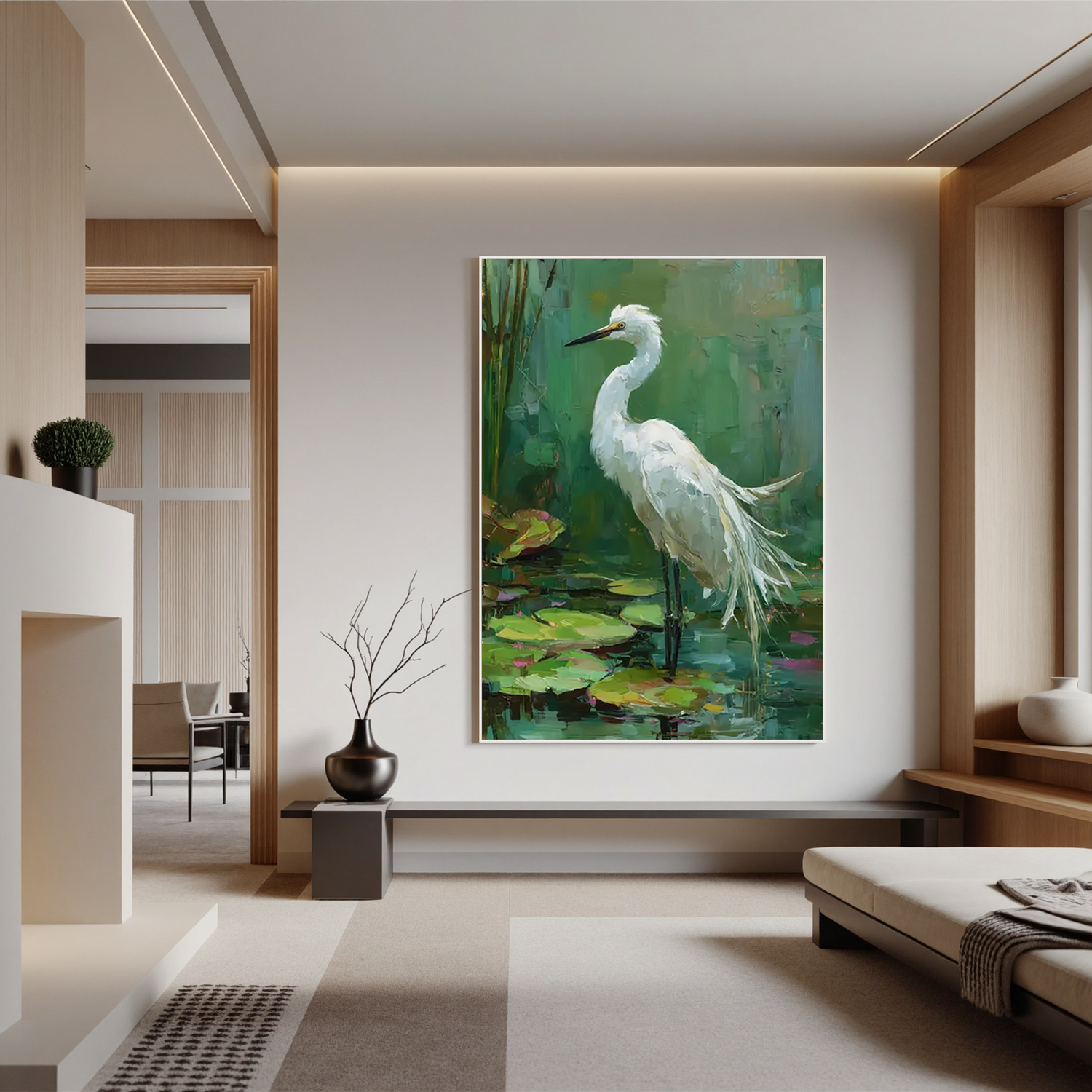 White Egret Bird Wall Art – Impressionist Nature Wildlife Canvas Painting for Living Room Decor