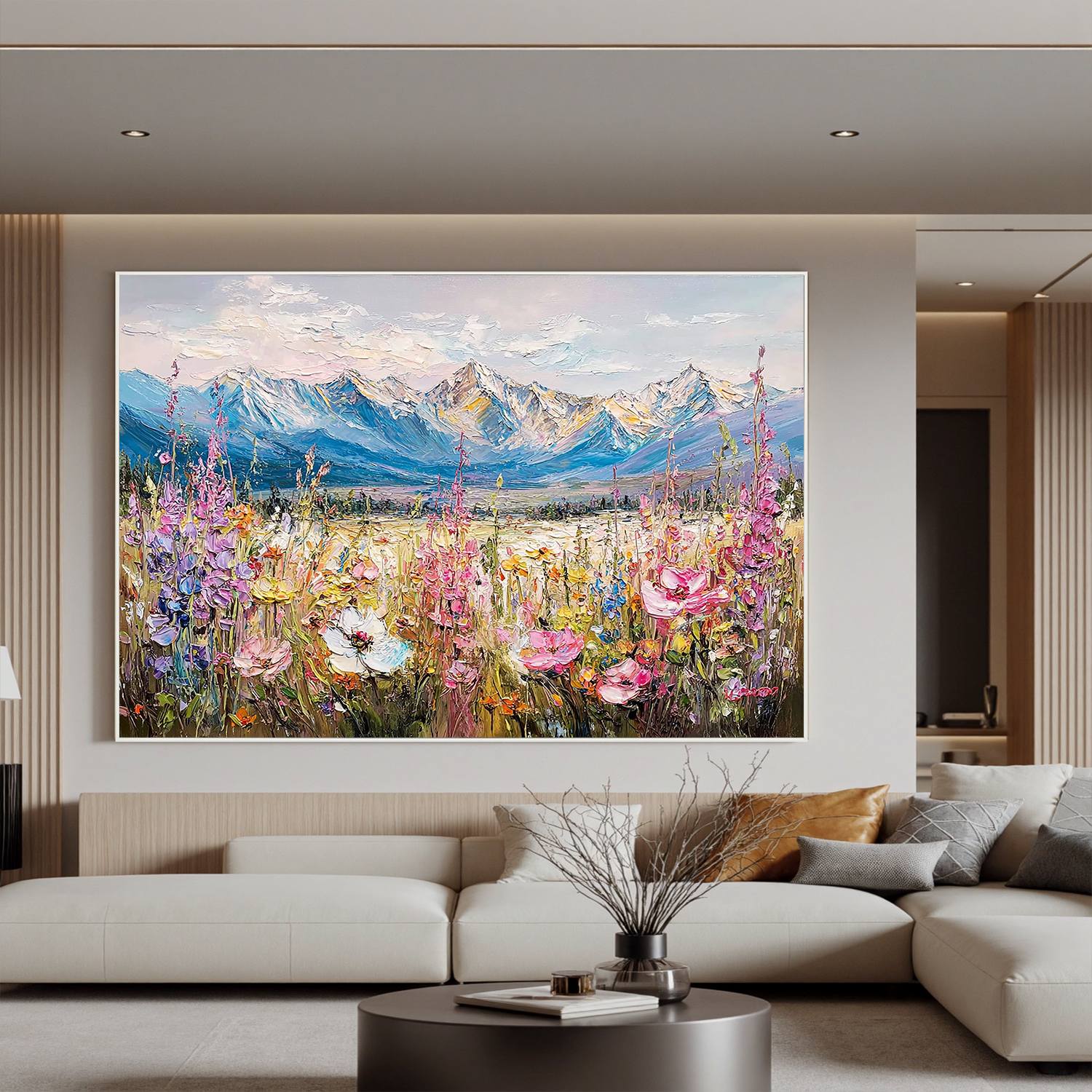Mountain Wildflower Meadow Wall Art, Textured Alpine Landscape Canvas Painting for Living Room Décor #OA 0416