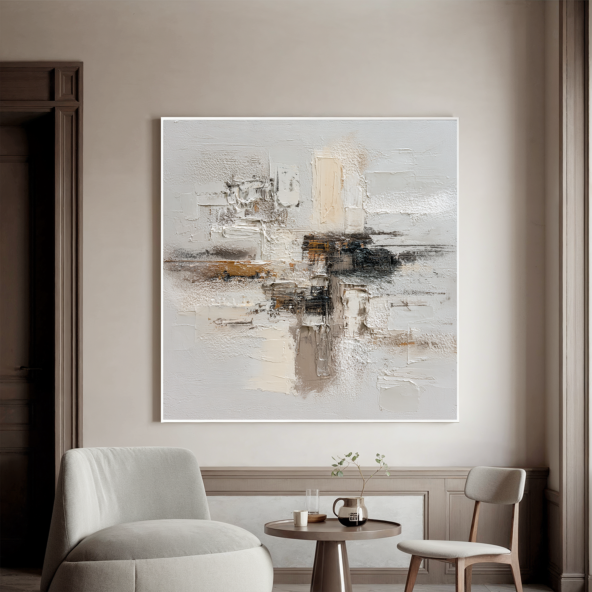 Large Neutral Textured Abstract Canvas Wall Art – Beige White Minimalist Painting for Modern Living Room Decor#OA 0882