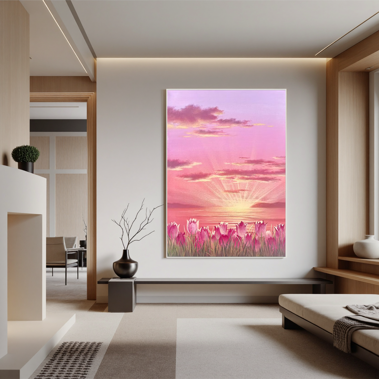 Pink Tulip Sunset Wall Art, Romantic Floral Landscape Canvas Painting, Dreamy Lake Sunrise Decor for Living Room Bedroom #OA 0785