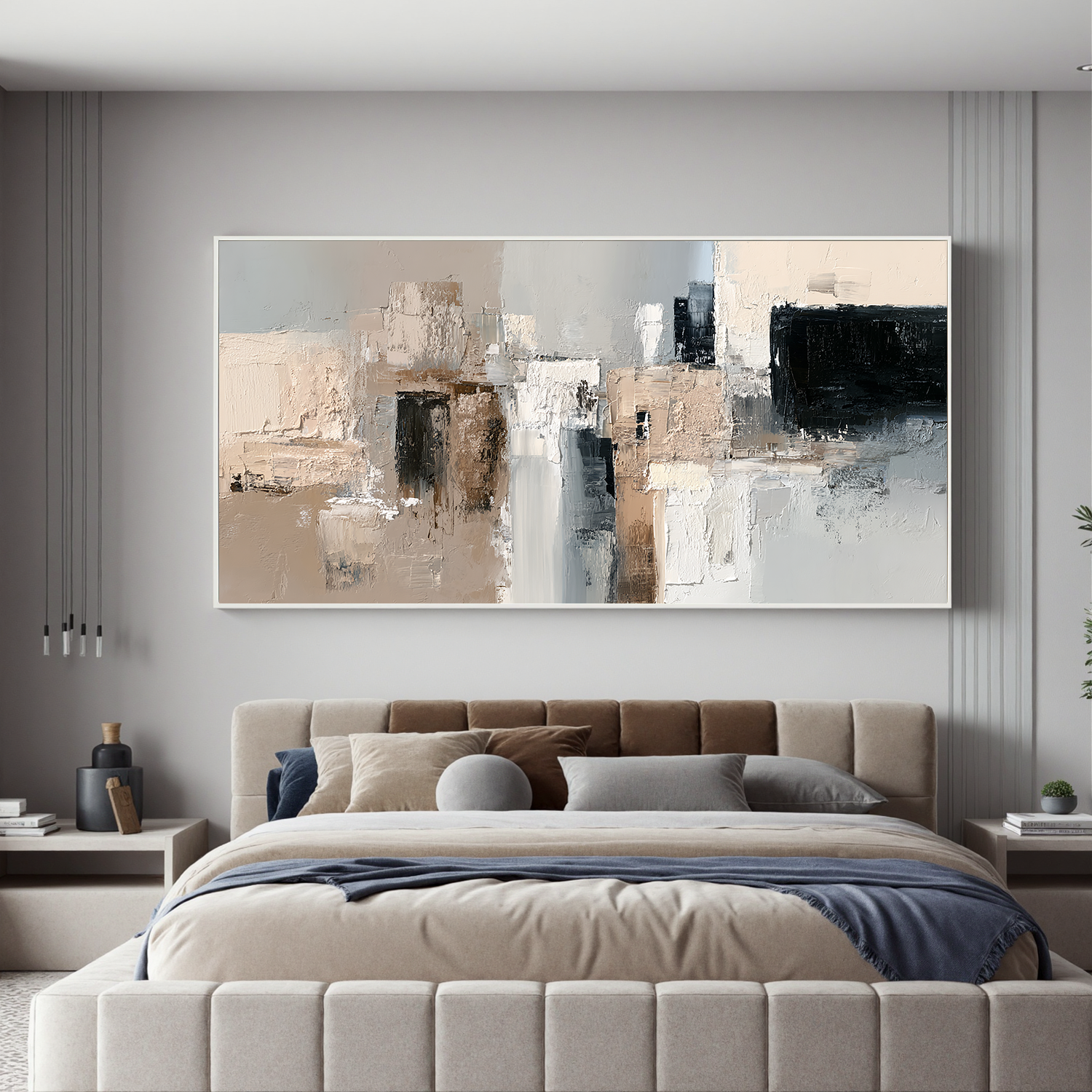 Large Neutral Abstract Canvas Wall Art – Modern Textured Black White Beige Painting for Living Room Decor#OA 0874