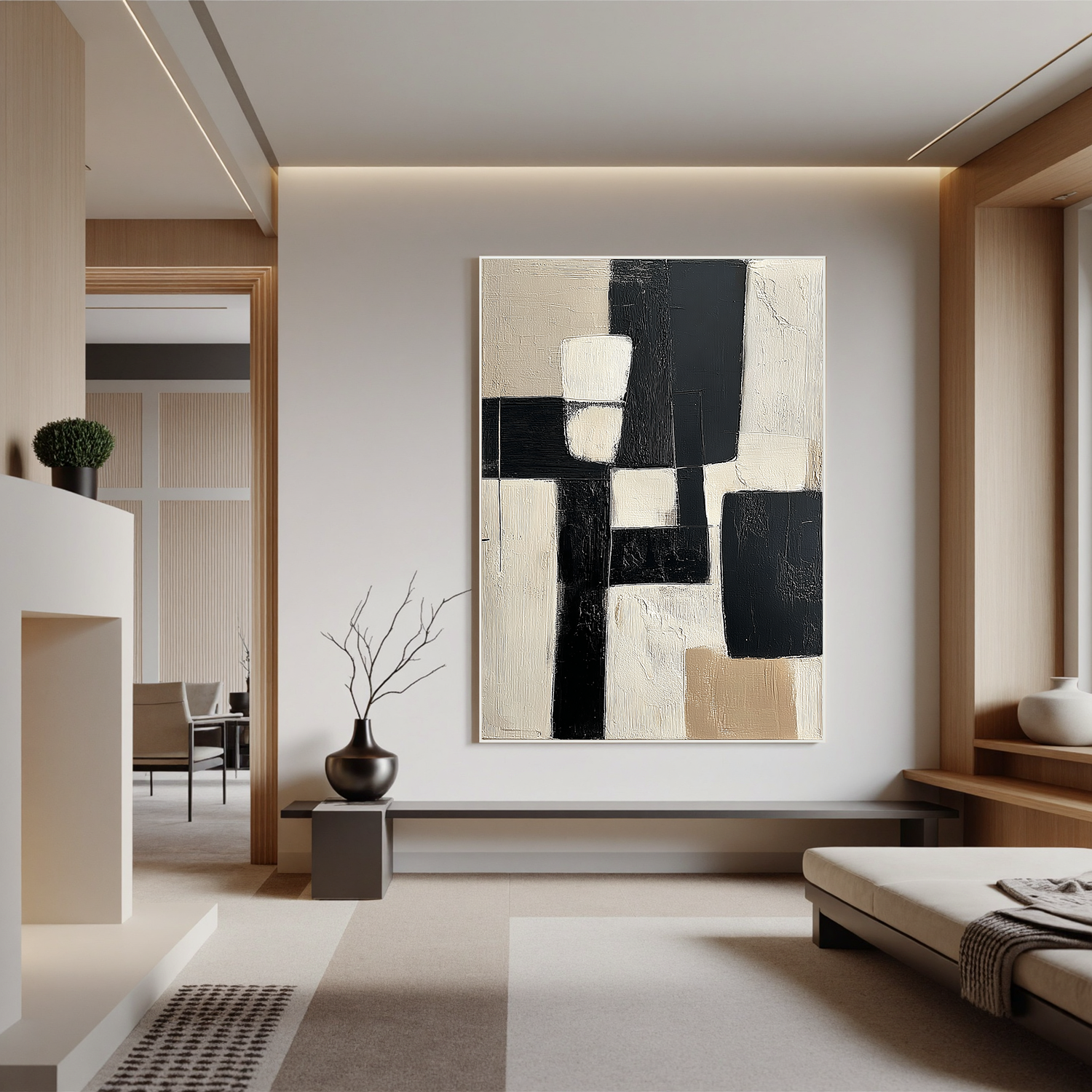 Black and White Abstract Oil Painting, Minimalist Geometric Wall Art for Living Room Decor#OA 0553
