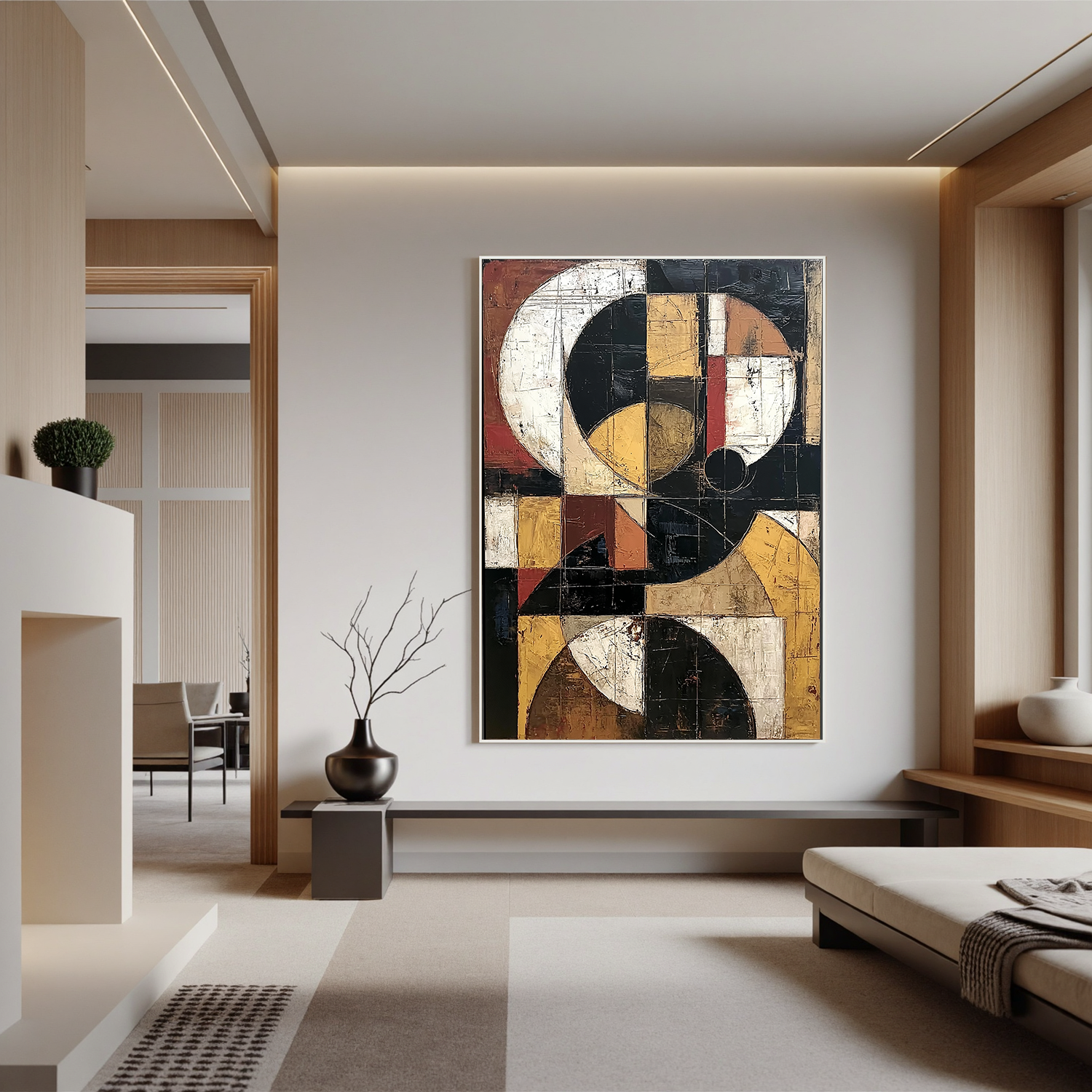 Geometric Abstract Oil Painting, Modern Vintage Wall Art for Living Room Decor#OA 0572