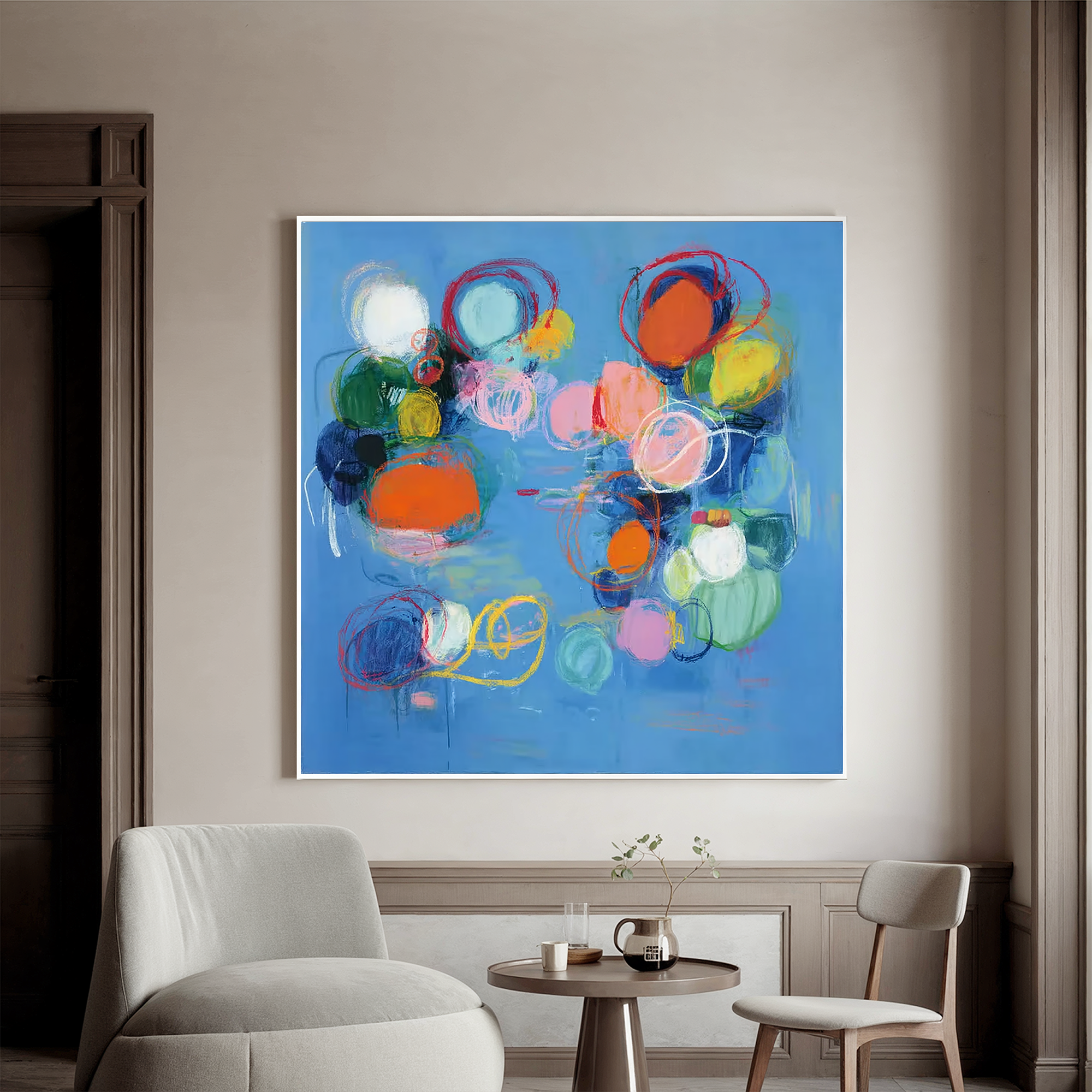 Abstract Blue Modern Oil Painting Canvas – Colorful Circle Wall Art for Living Room Contemporary Home Decor#OA 0474